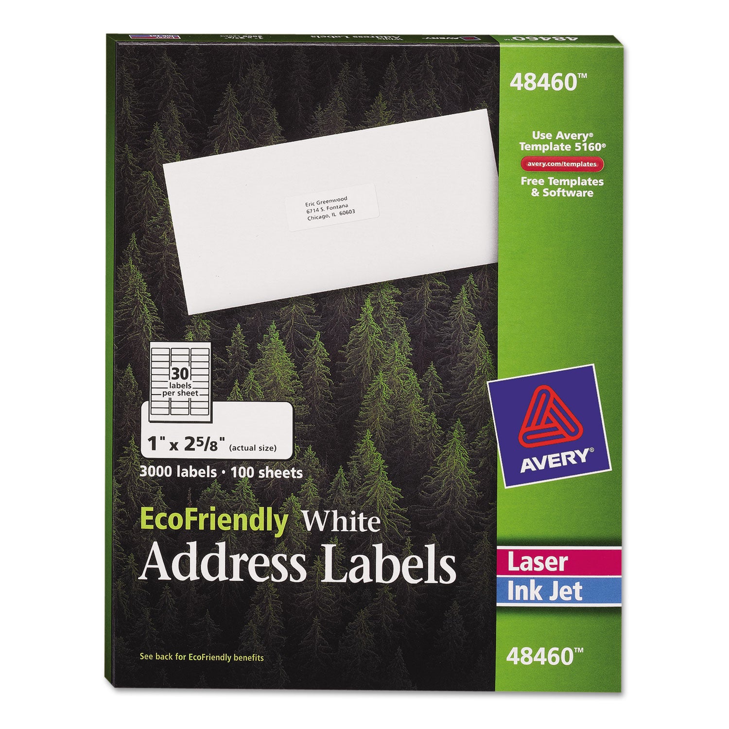 EcoFriendly Mailing Labels, Inkjet/Laser Printers, 1 x 2.63, White, 30/Sheet, 100 Sheets/Pack -