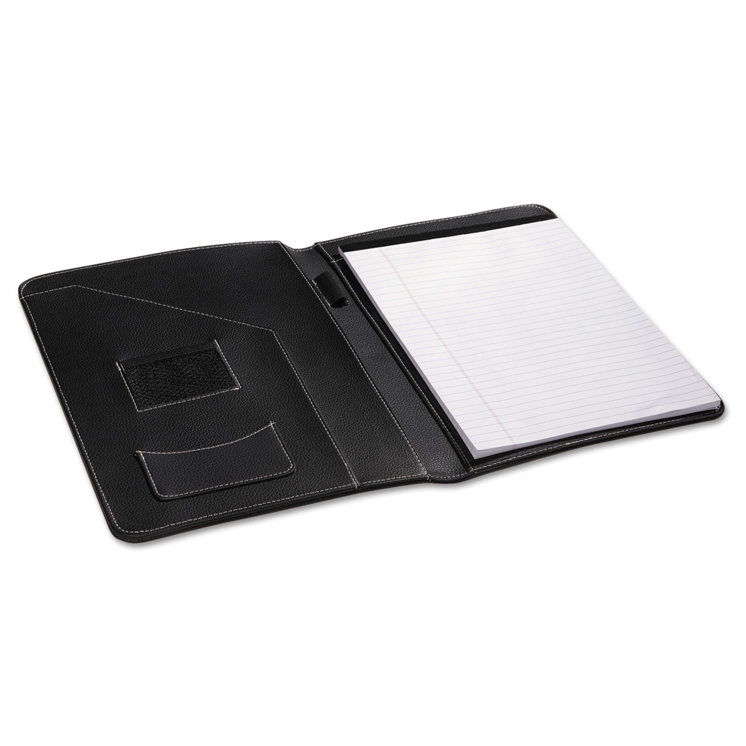 Leather-Look Pad Folio, Inside Flap Pocket w/Card Holder, Black -