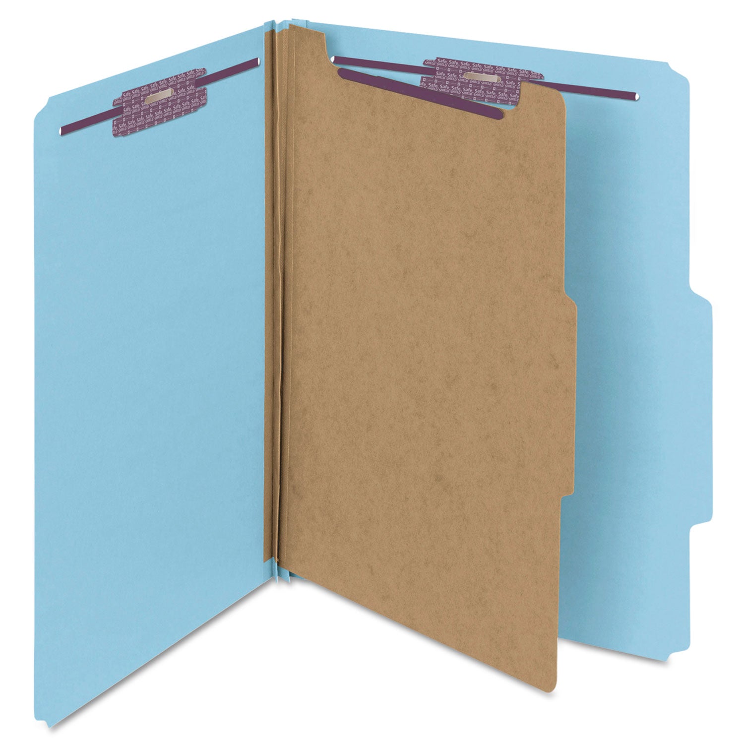 Four-Section Pressboard Top Tab Classification Folders, Four SafeSHIELD Fasteners, 1 Divider, Letter Size, Blue, 10/Box -