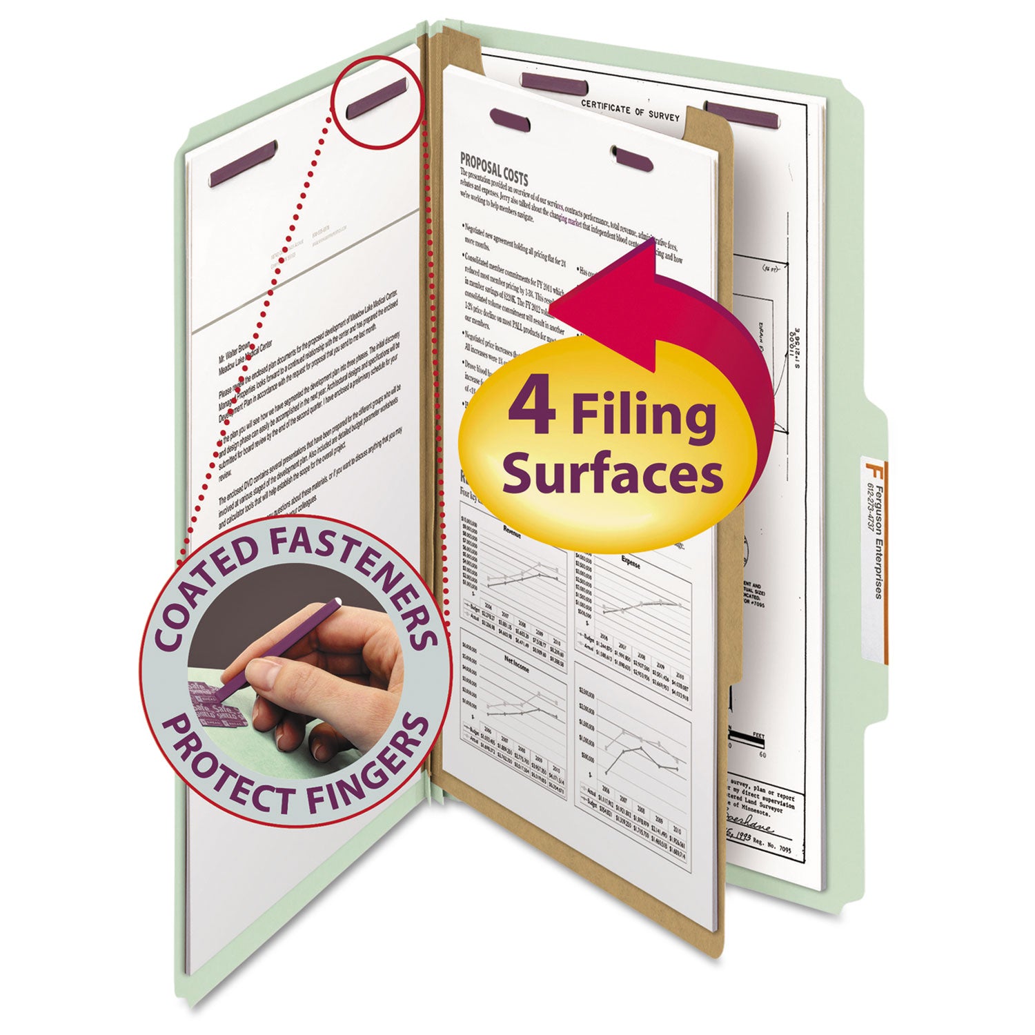 Pressboard Classification Folders, Four SafeSHIELD Fasteners, 2/5-Cut Tabs, 1 Divider, Legal Size, Gray-Green, 10/Box -