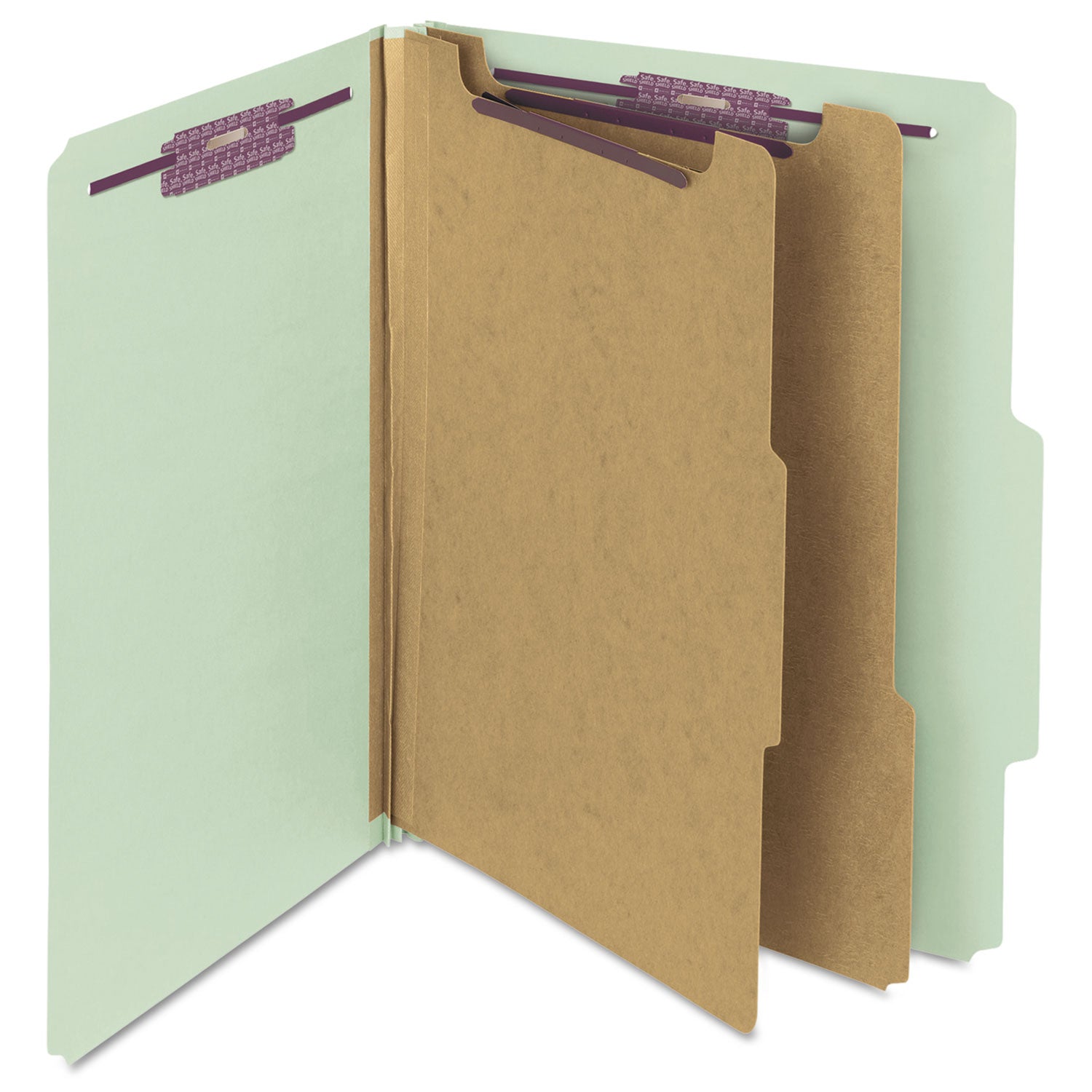 Pressboard Classification Folders, Six SafeSHIELD Fasteners, 2/5-Cut Tabs, 2 Dividers, Letter Size, Gray-Green, 10/Box -