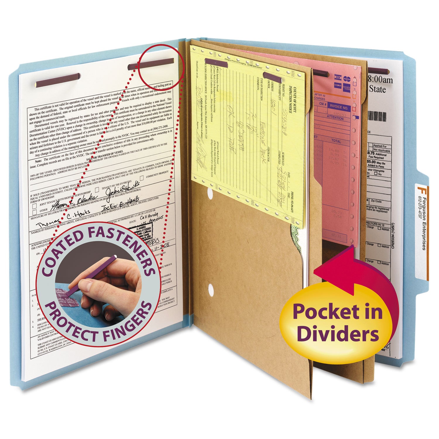 6-Section Pressboard Top Tab Pocket Classification Folders, 6 SafeSHIELD Fasteners, 2 Dividers, Letter Size, Blue, 10/Box -