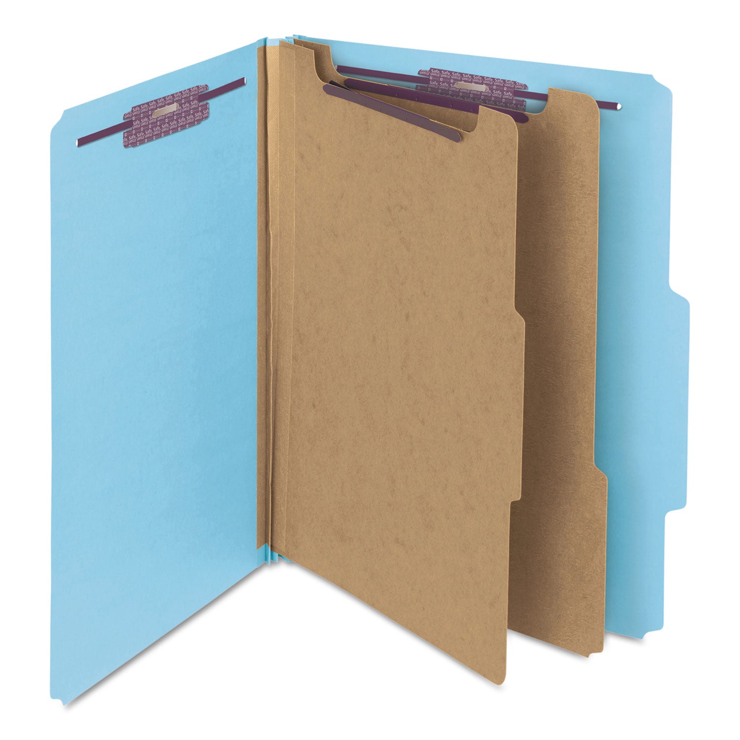 Six-Section Pressboard Top Tab Classification Folders, Six SafeSHIELD Fasteners, 2 Dividers, Letter Size, Blue, 10/Box -