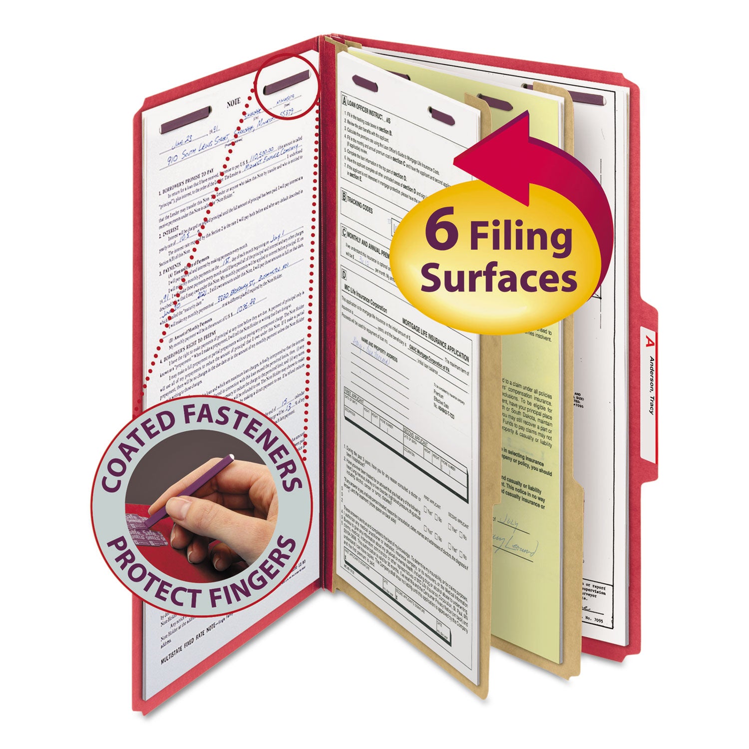 Six-Section Pressboard Top Tab Classification Folders, Six SafeSHIELD Fasteners, 2 Dividers, Legal Size, Bright Red, 10/Box -