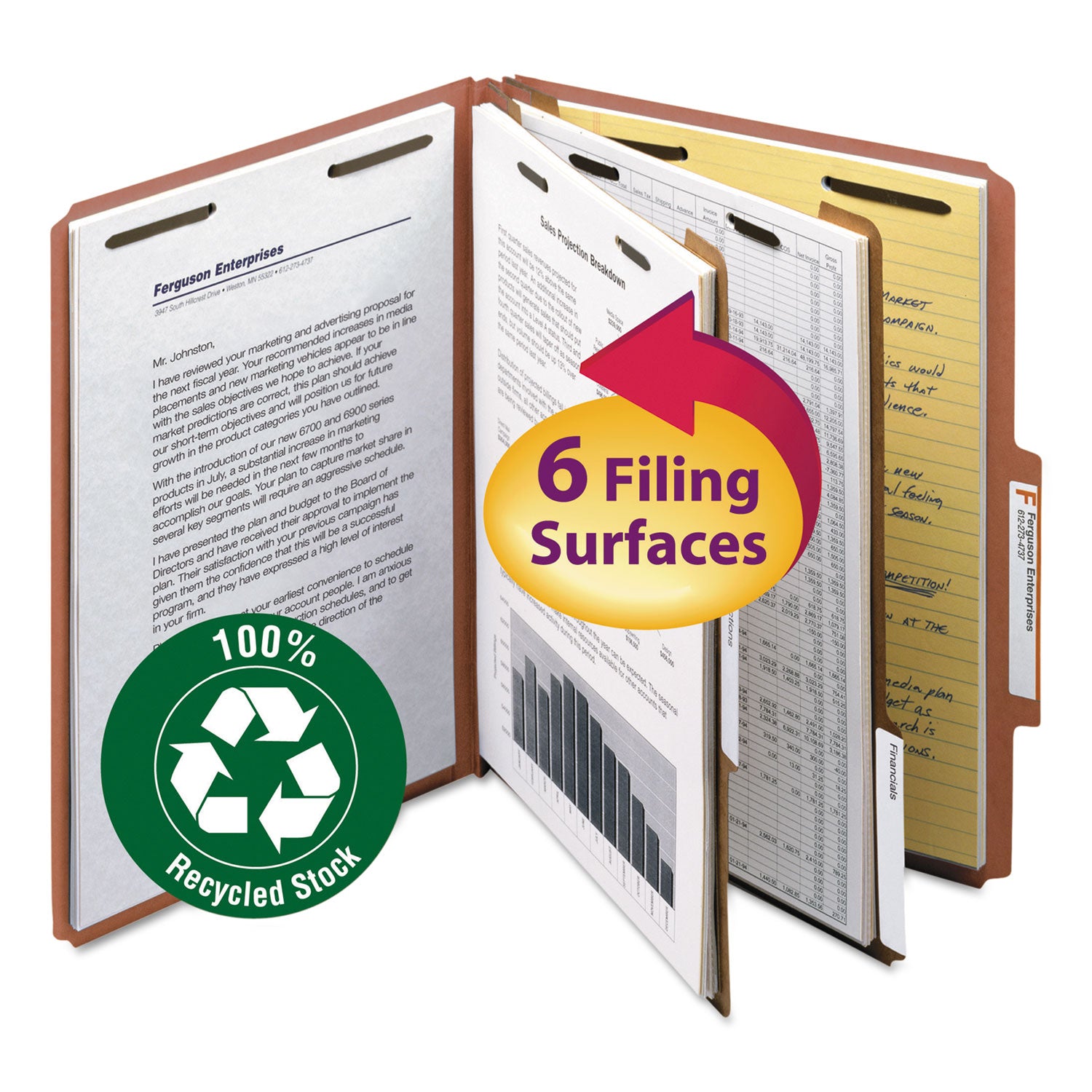 Recycled Pressboard Classification Folders, 2" Expansion, 2 Dividers, 6 Fasteners, Letter Size, Red Exterior, 10/Box -