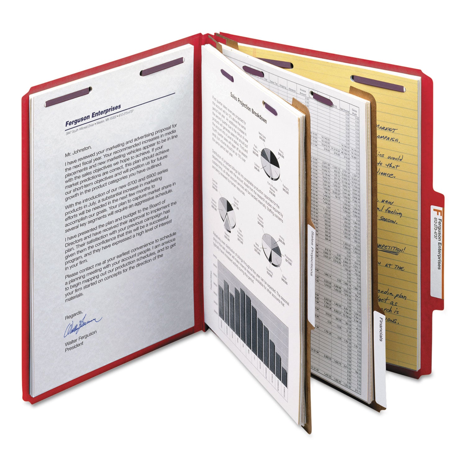 Six-Section Pressboard Top Tab Classification Folders, Six SafeSHIELD Fasteners, 2 Dividers, Letter Size, Bright Red, 10/Box -