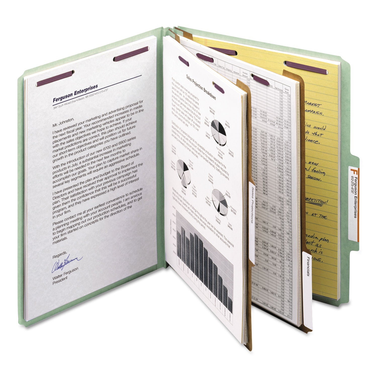 Pressboard Classification Folders, Six SafeSHIELD Fasteners, 2/5-Cut Tabs, 2 Dividers, Letter Size, Gray-Green, 10/Box -