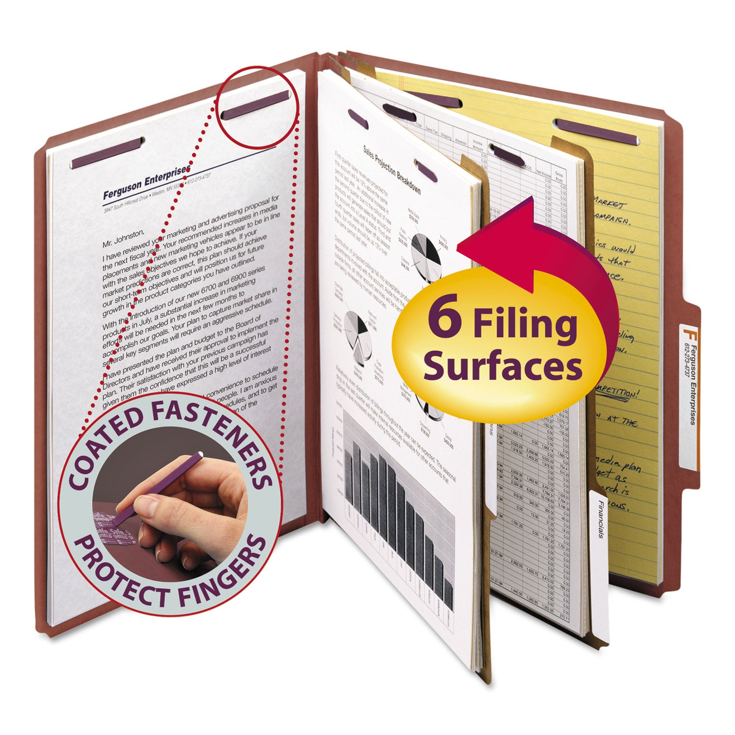 Pressboard Classification Folders, Six SafeSHIELD Fasteners, 2/5-Cut Tabs, 2 Dividers, Letter Size, Red, 10/Box -