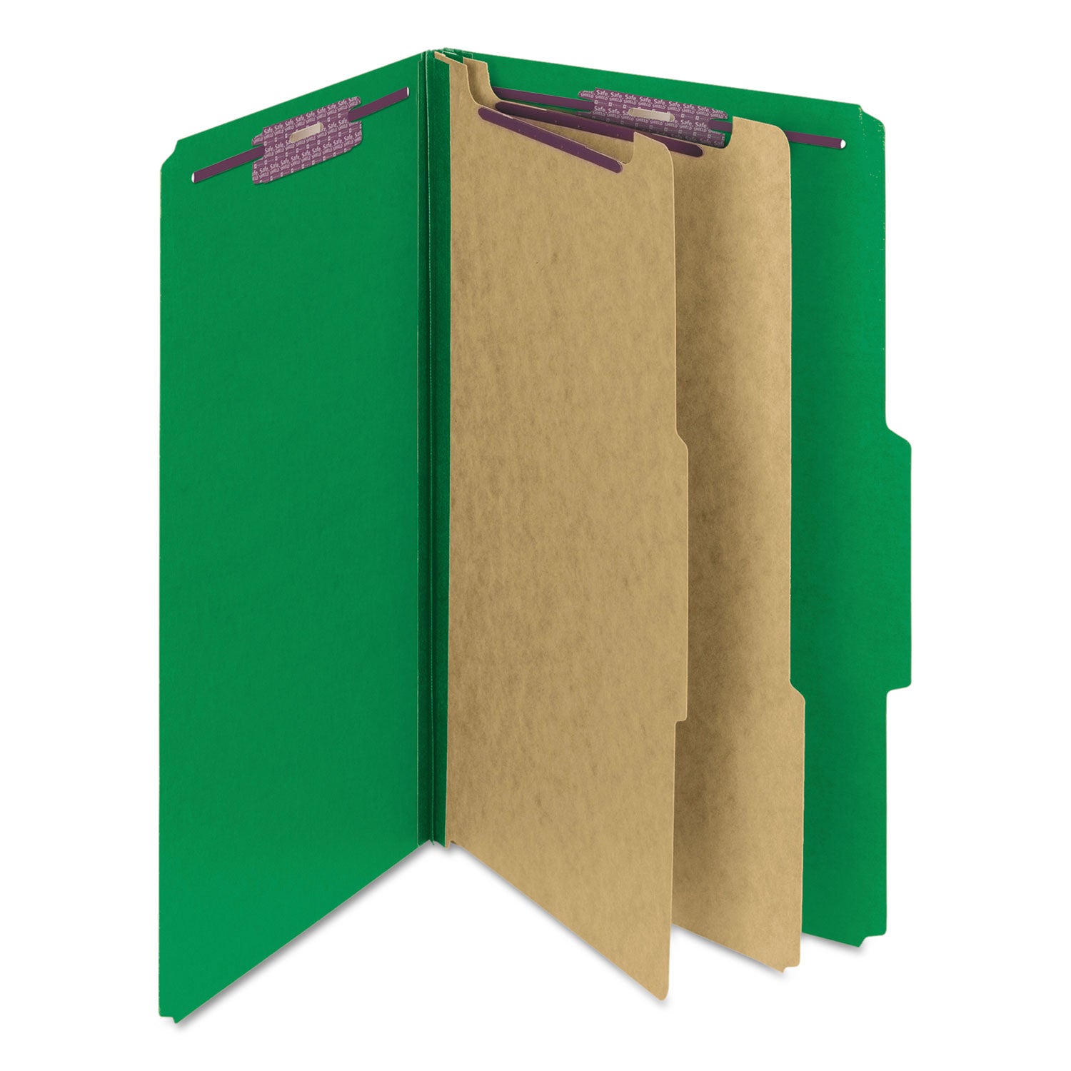 Six-Section Pressboard Top Tab Classification Folders, Six SafeSHIELD Fasteners, 2 Dividers, Legal Size, Green, 10/Box -