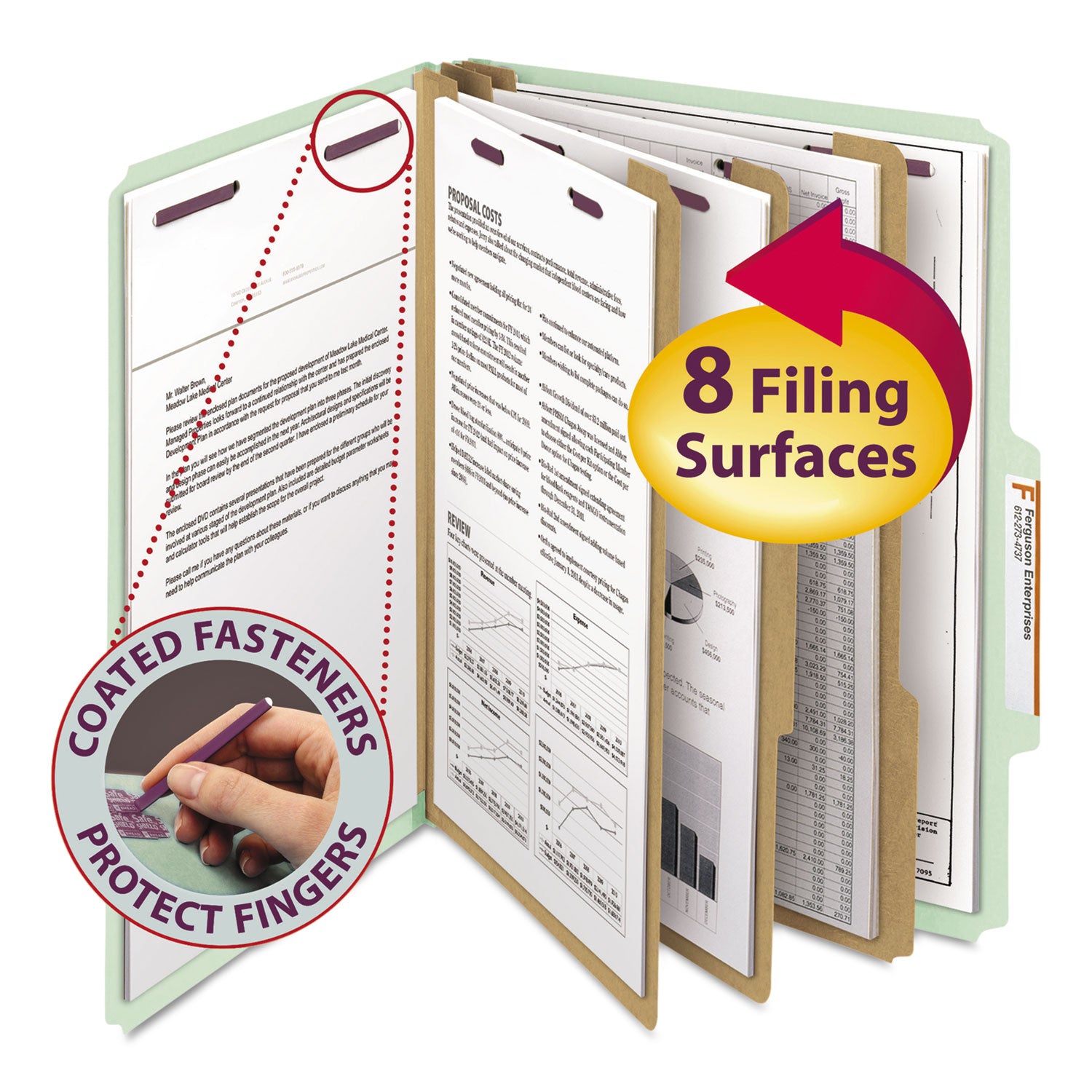 Pressboard Classification Folders, Eight SafeSHIELD Fasteners, 2/5-Cut Tabs, 3 Dividers, Letter Size, Gray-Green, 10/Box -