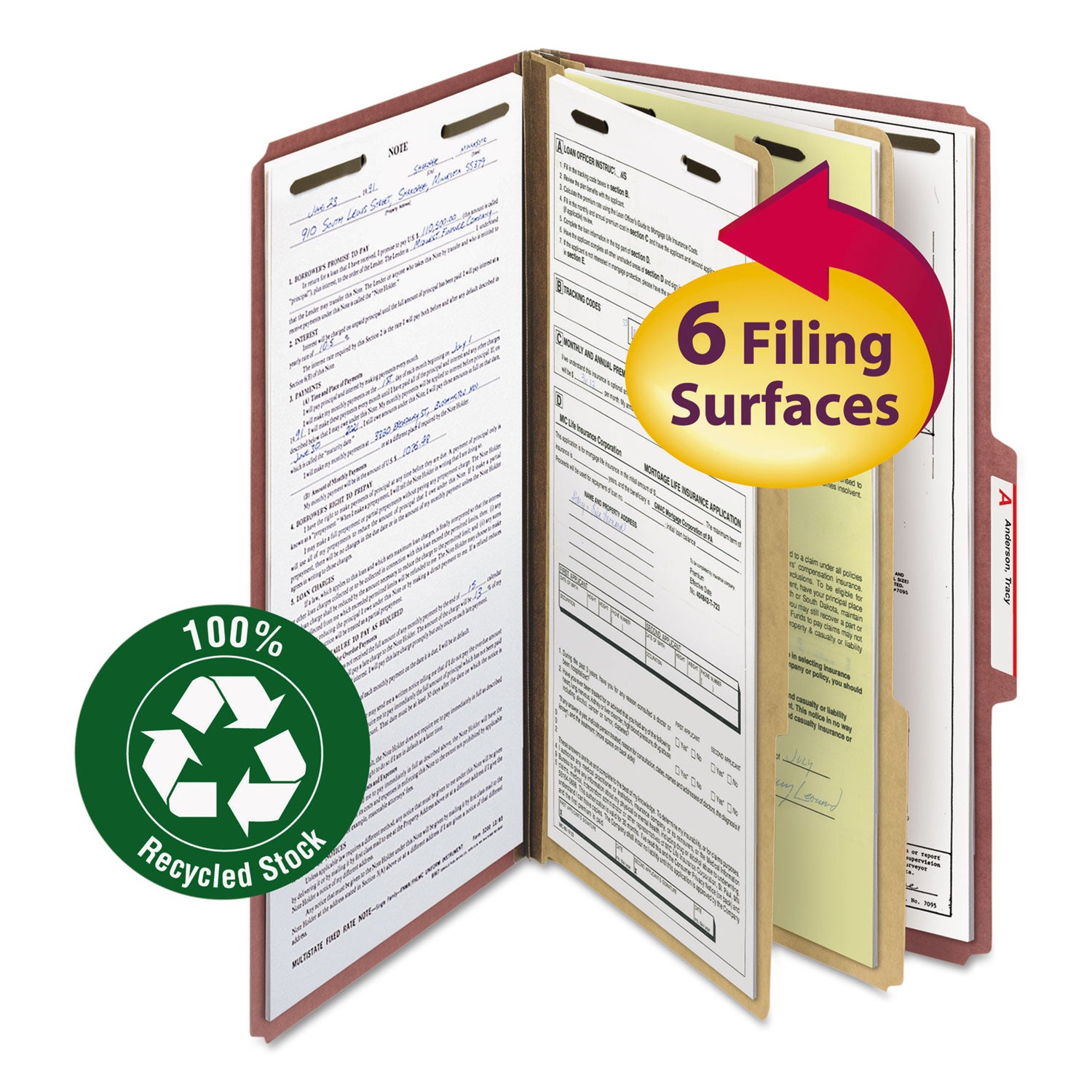 Recycled Pressboard Classification Folders, 2" Expansion, 2 Dividers, 6 Fasteners, Legal Size, Red Exterior, 10/Box -