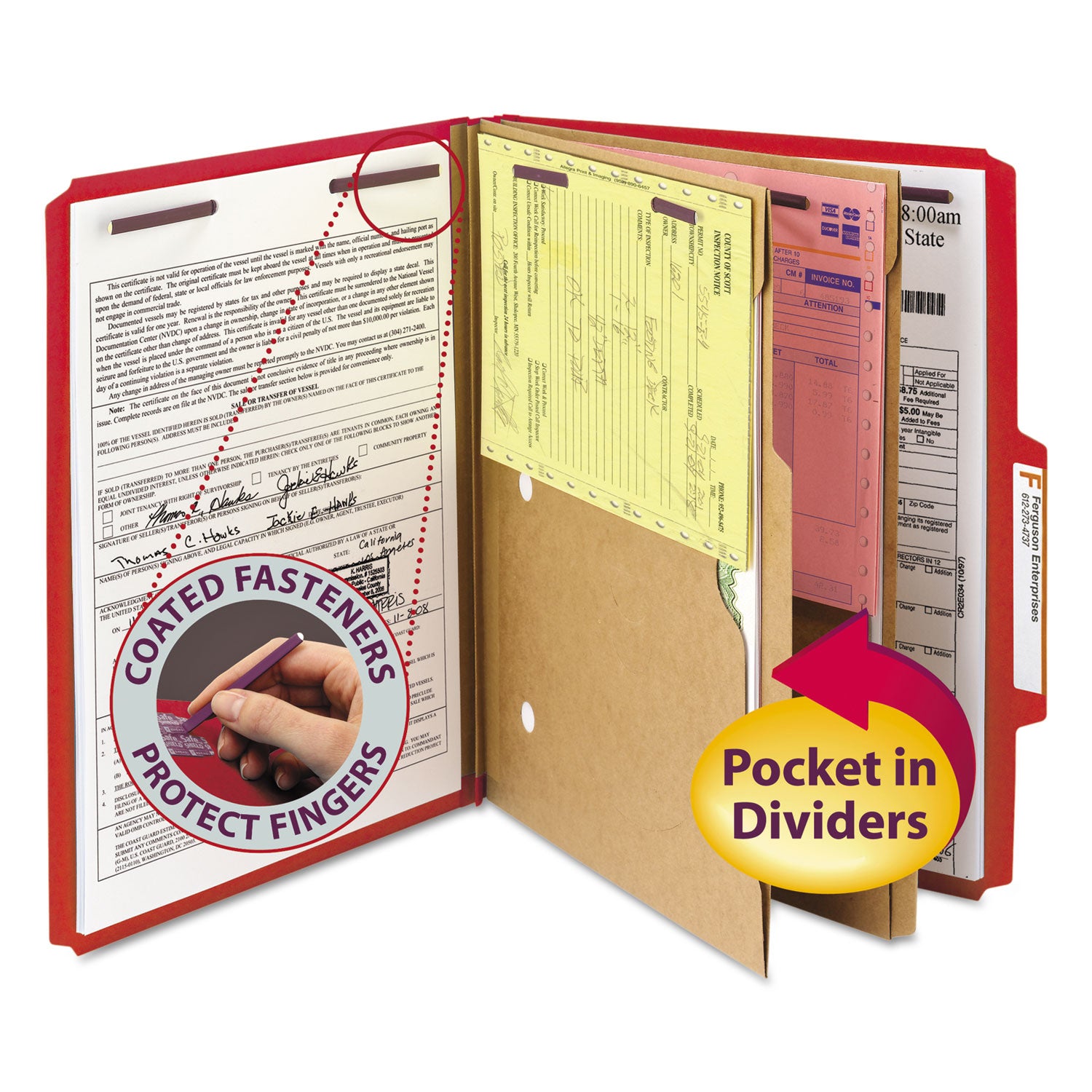 6-Section Pressboard Top Tab Pocket Classification Folders, 6 SafeSHIELD Fasteners, 2 Dividers, Letter Size, Bright Red,10/BX -
