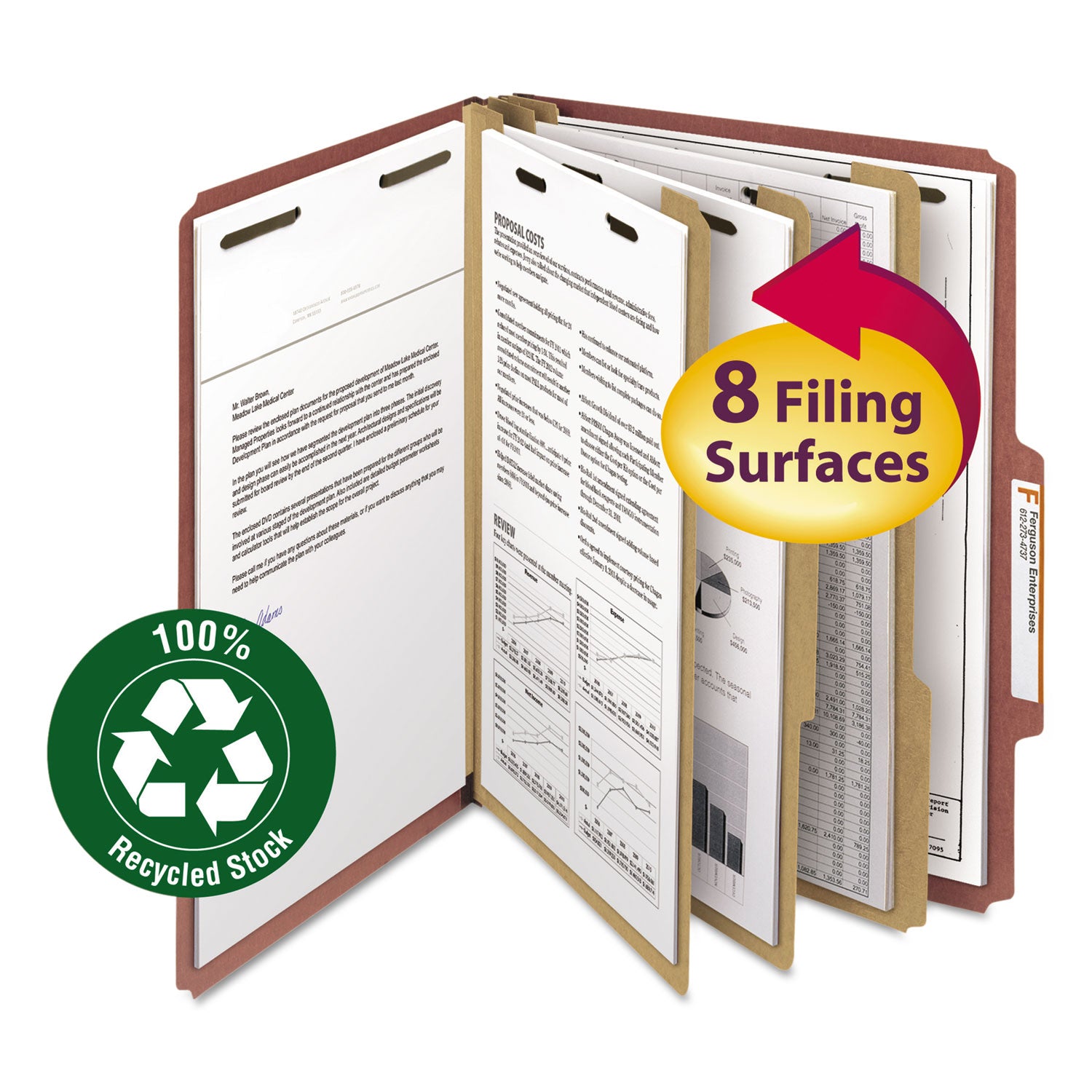 Recycled Pressboard Classification Folders, 3" Expansion, 3 Dividers, 8 Fasteners, Letter Size, Red Exterior, 10/Box -