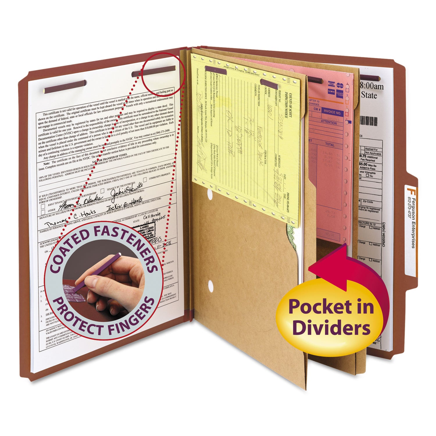 6-Section Pressboard Top Tab Pocket Classification Folders, 6 SafeSHIELD Fasteners, 2 Dividers, Letter Size, Red, 10/Box -
