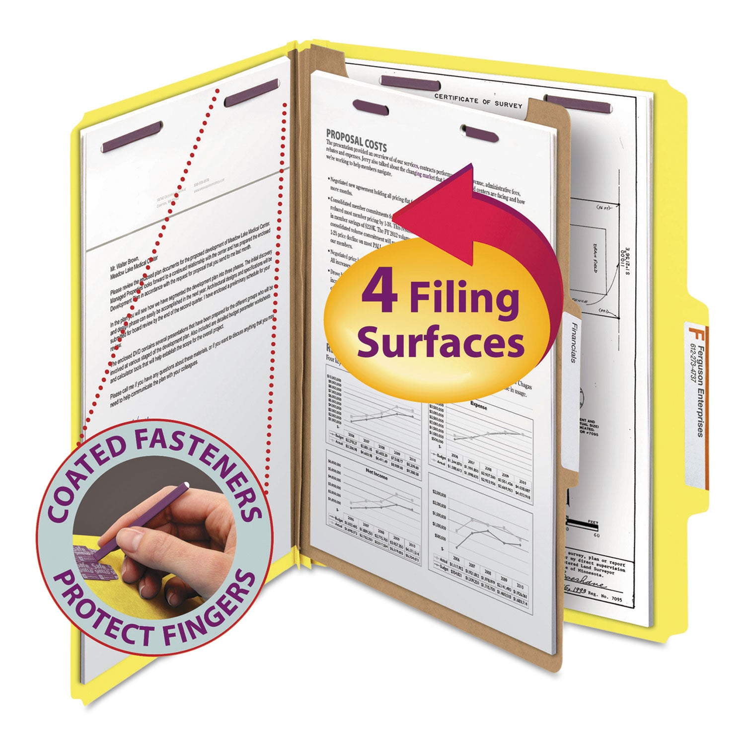 Four-Section Pressboard Top Tab Classification Folders, Four SafeSHIELD Fasteners, 1 Divider, Letter Size, Yellow, 10/Box -
