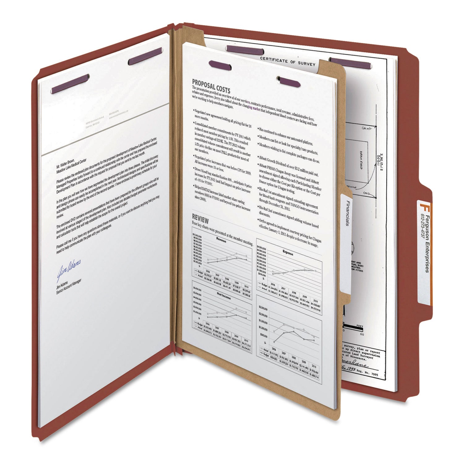 Pressboard Classification Folders, Four SafeSHIELD Fasteners, 2/5-Cut Tabs, 1 Divider, Letter Size, Red, 10/Box -