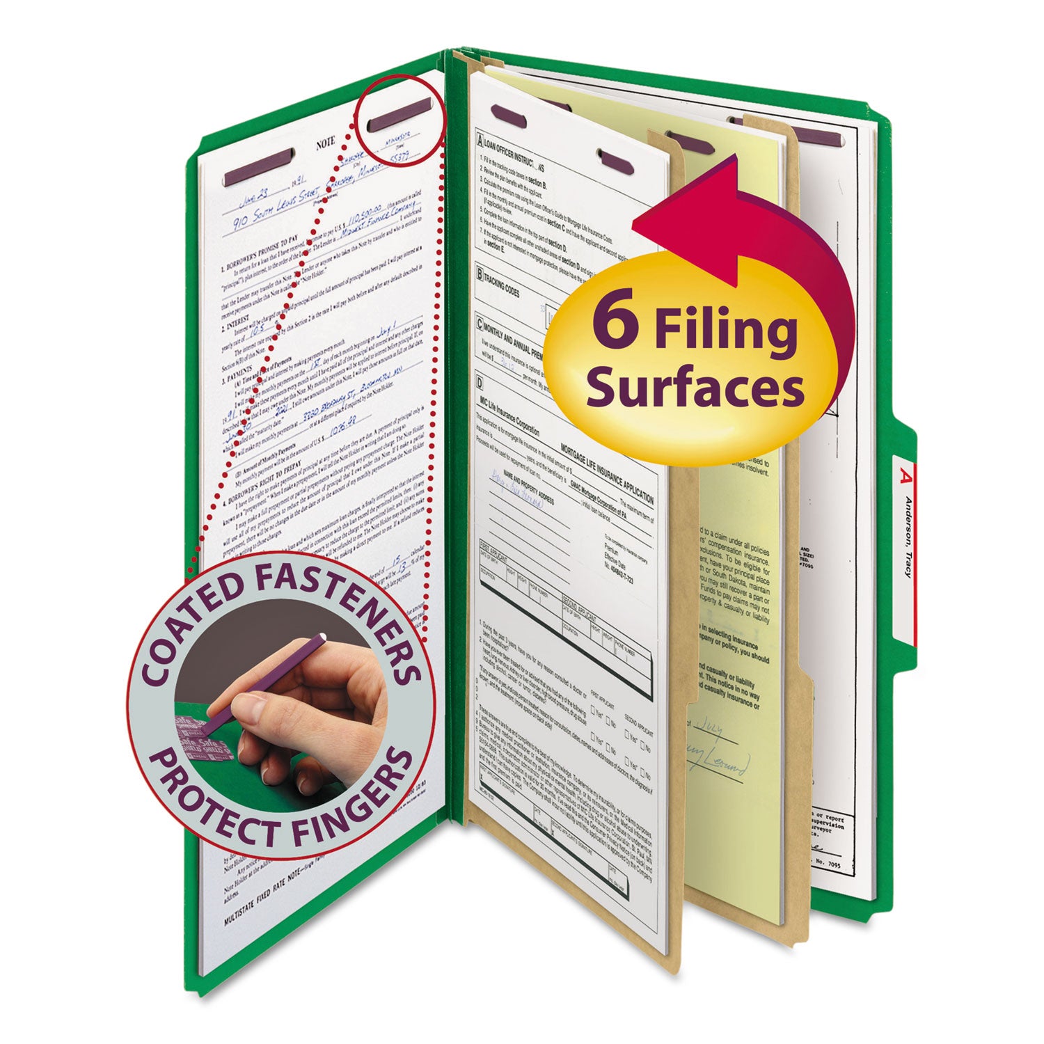 Six-Section Pressboard Top Tab Classification Folders, Six SafeSHIELD Fasteners, 2 Dividers, Legal Size, Green, 10/Box -