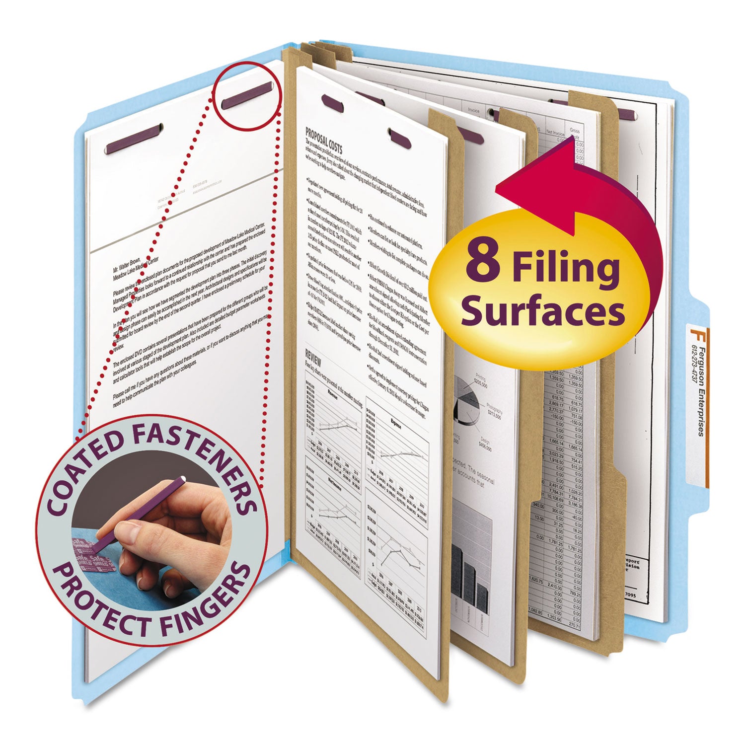 Pressboard Top Tab Classification Folders, Eight SafeSHIELD Fasteners, 3" Expansion, 3 Dividers, Letter Size, Blue, 10/Box -