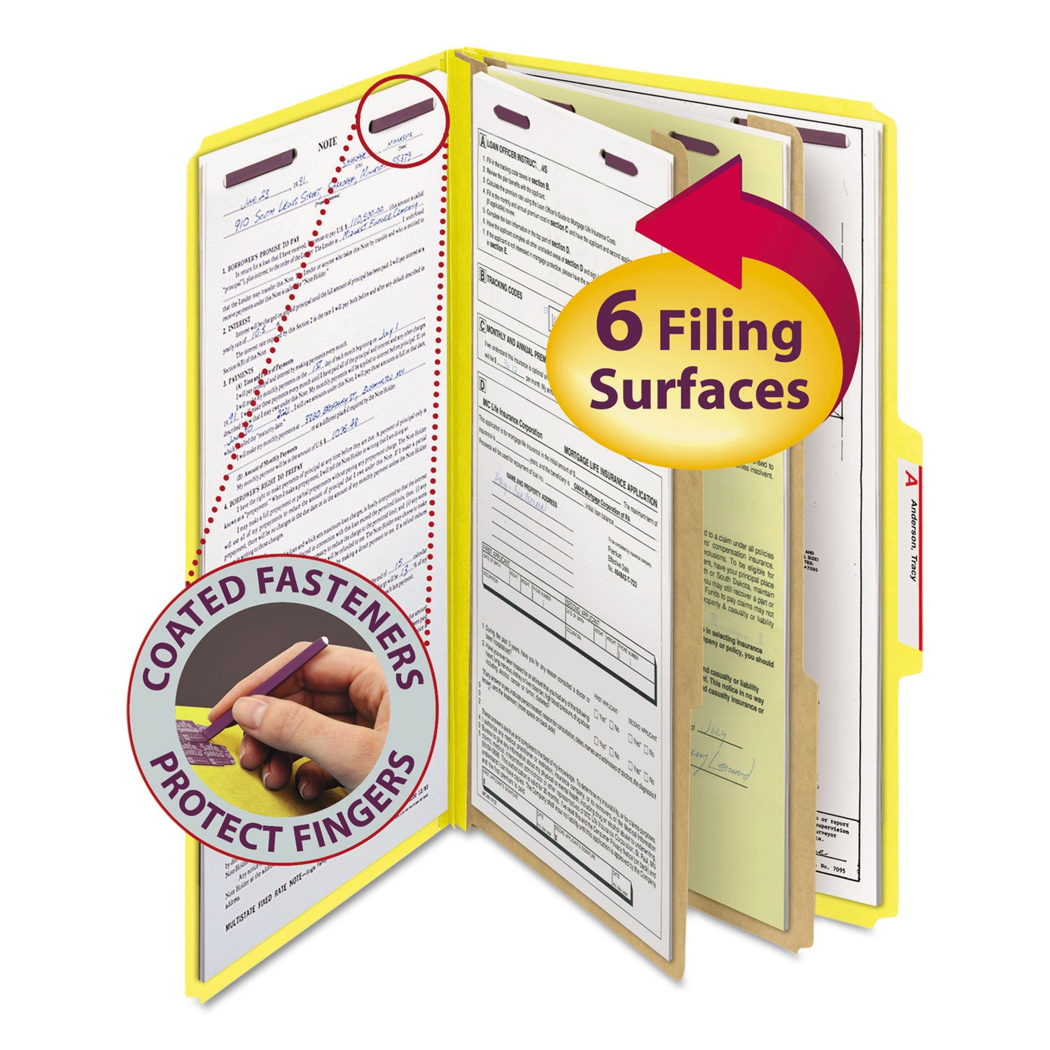 Six-Section Pressboard Top Tab Classification Folders, Six SafeSHIELD Fasteners, 2 Dividers, Legal Size, Yellow, 10/Box -