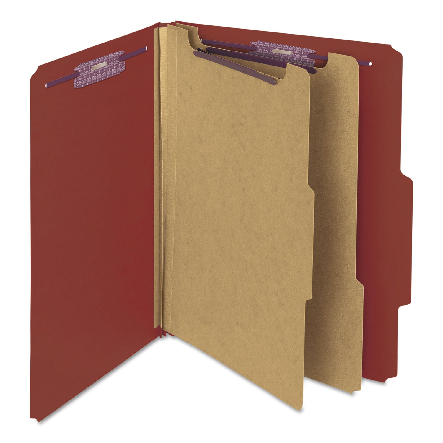 Pressboard Classification Folders, Six SafeSHIELD Fasteners, 2/5-Cut Tabs, 2 Dividers, Letter Size, Red, 10/Box -