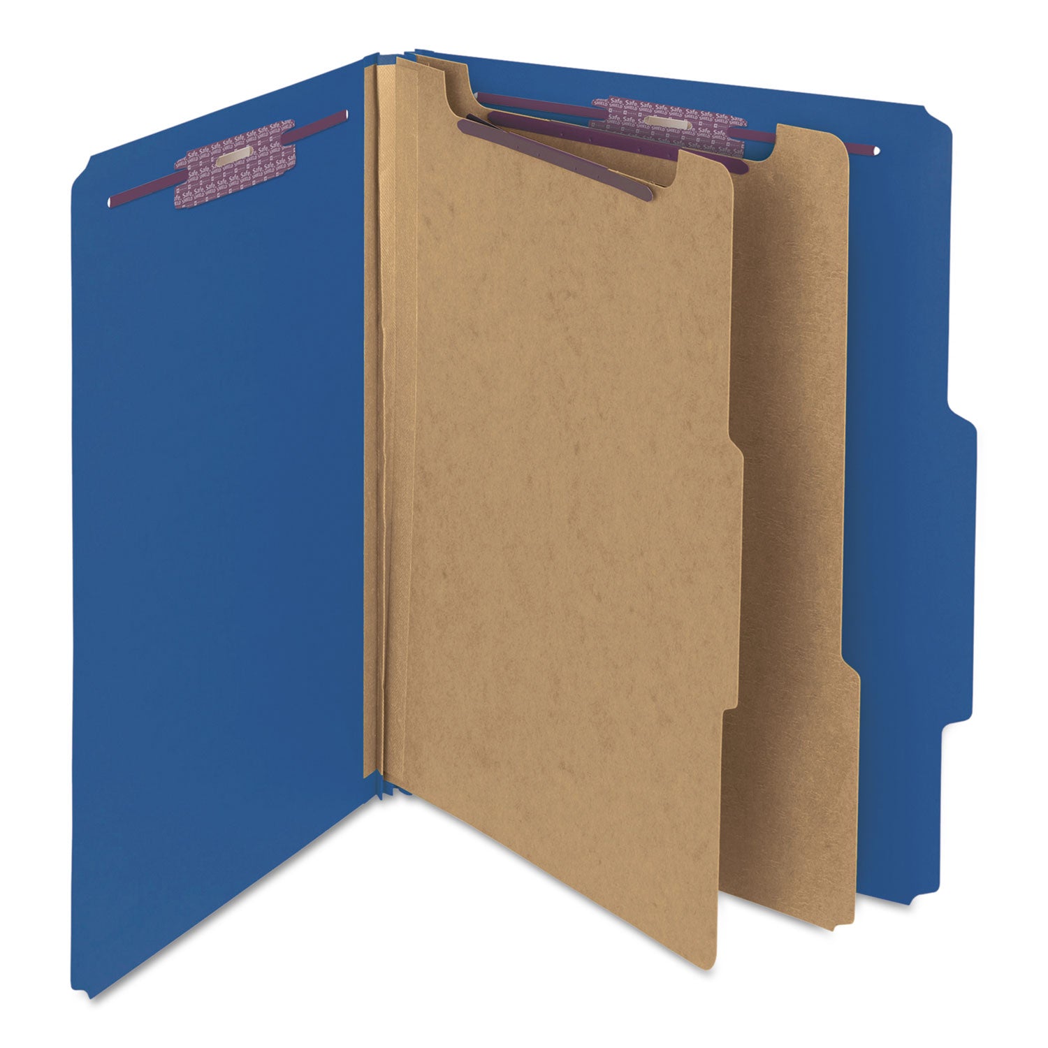 Six-Section Pressboard Top Tab Classification Folders, Six SafeSHIELD Fasteners, 2 Dividers, Letter Size, Dark Blue, 10/Box -