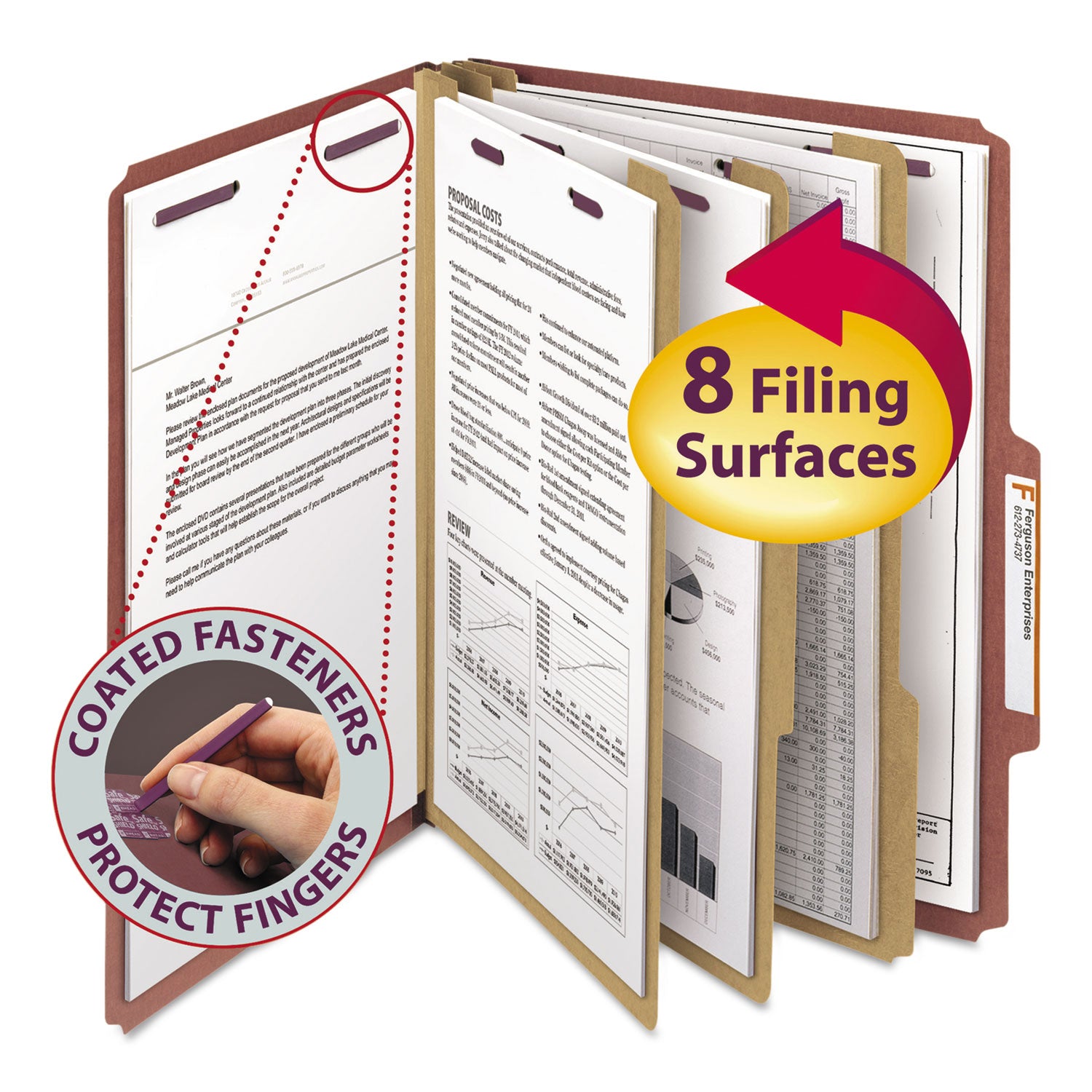 Pressboard Classification Folders, Eight SafeSHIELD Fasteners, 2/5-Cut Tabs, 3 Dividers, Letter Size, Red, 10/Box -