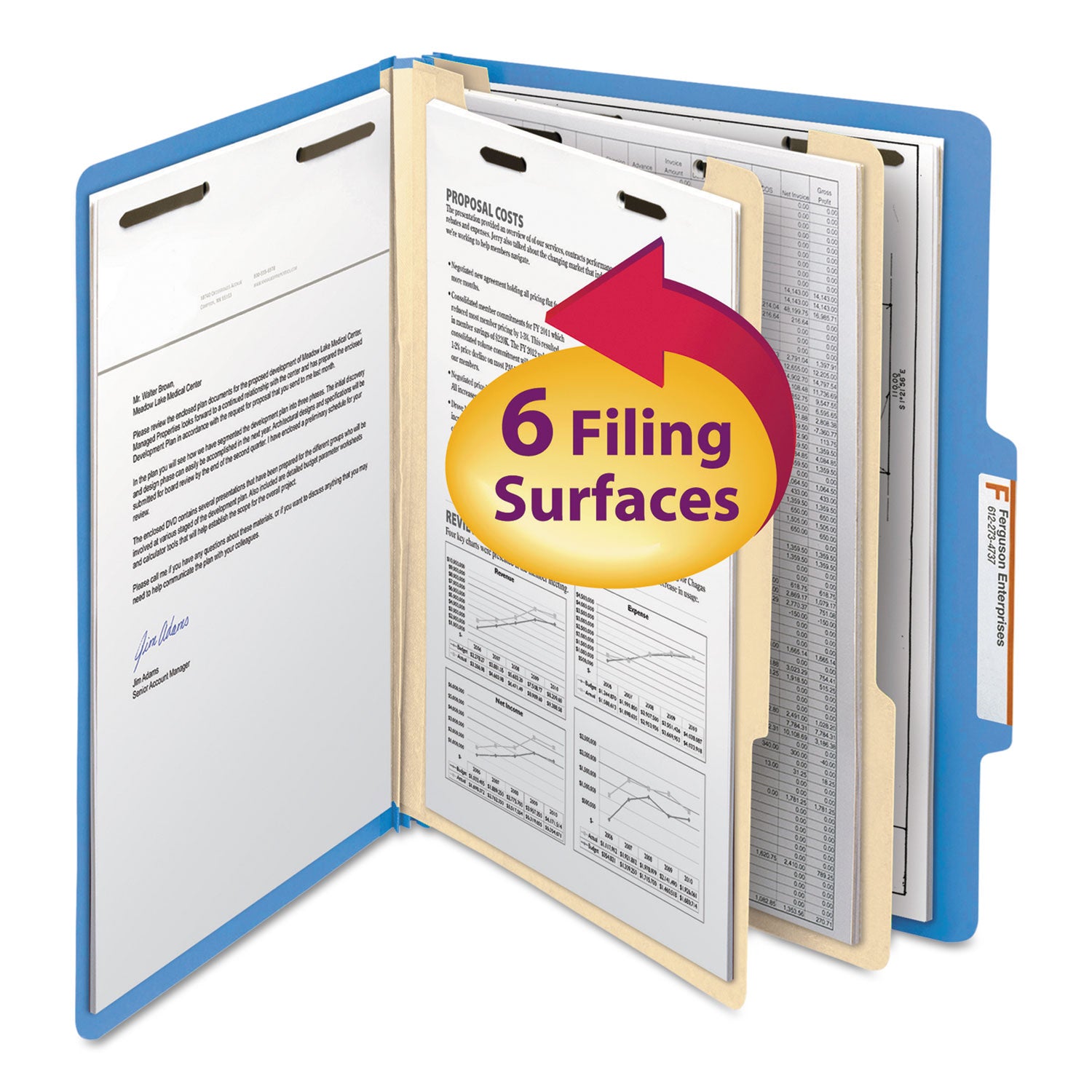 Top Tab Classification Folders, Six SafeSHIELD Fasteners, 2" Expansion, 2 Dividers, Letter Size, Blue Exterior, 10/Box -