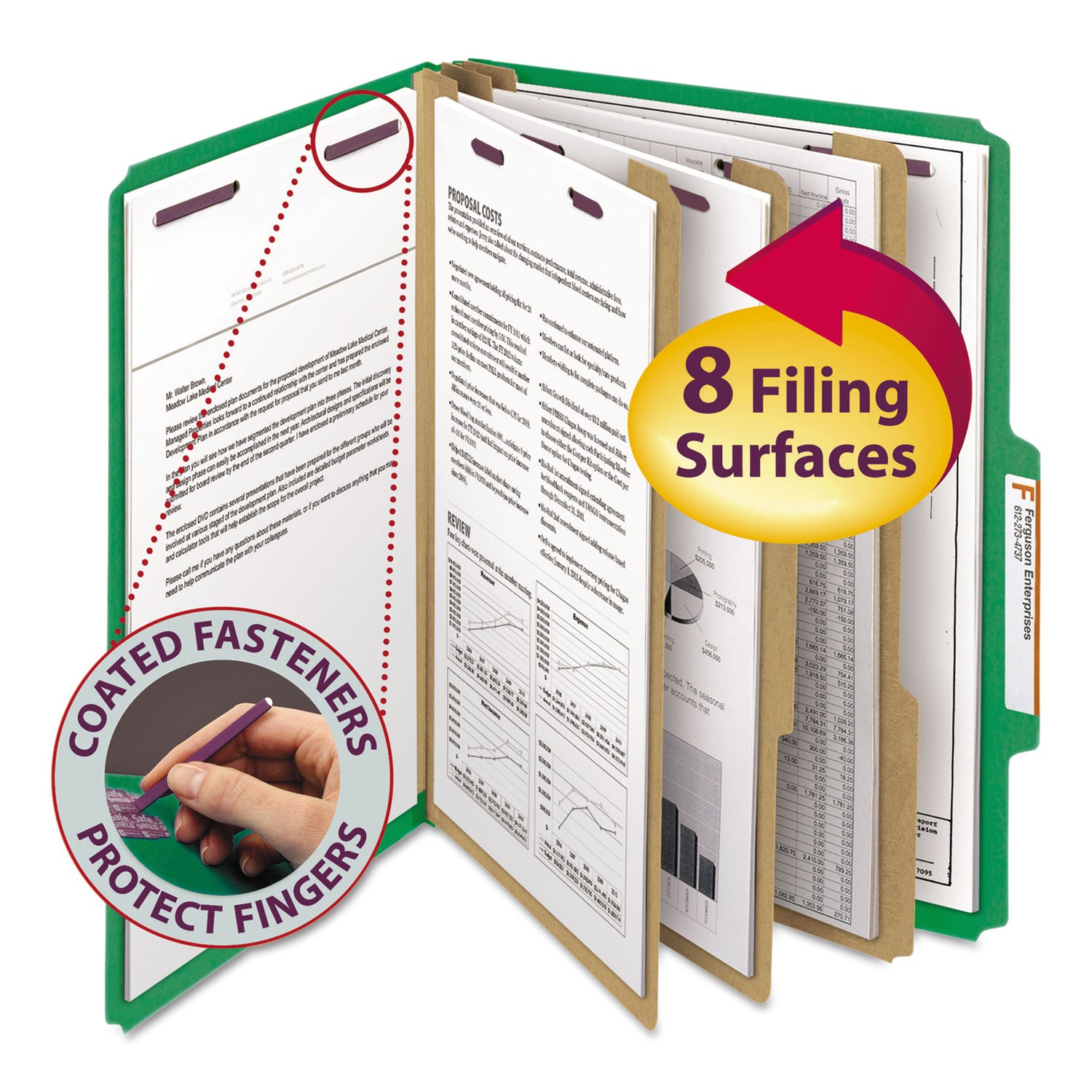 Eight-Section Pressboard Top Tab Classification Folders, Eight SafeSHIELD Fasteners, 3 Dividers, Letter Size, Green, 10/Box -