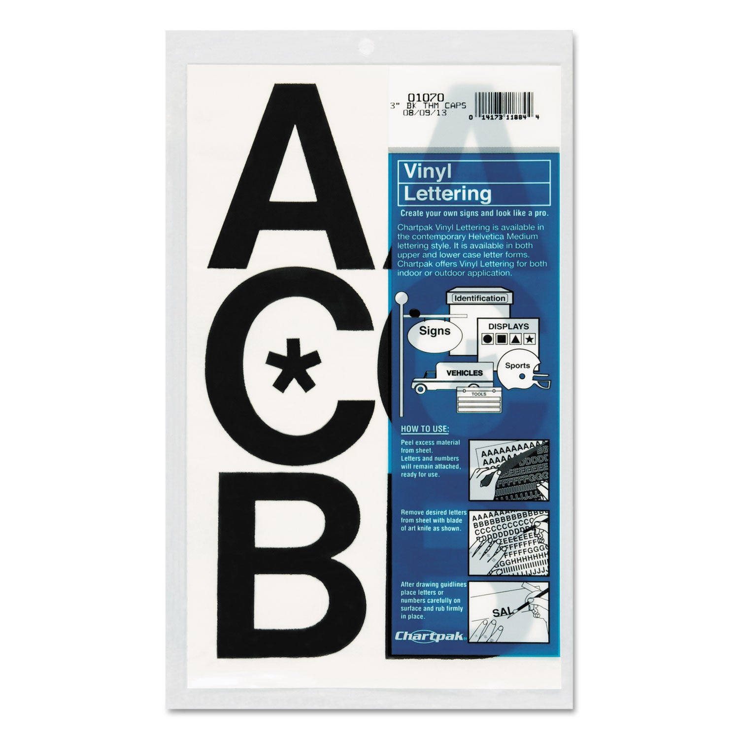 Press-On Vinyl Uppercase Letters, Self Adhesive, Black, 3"h, 50/Pack -