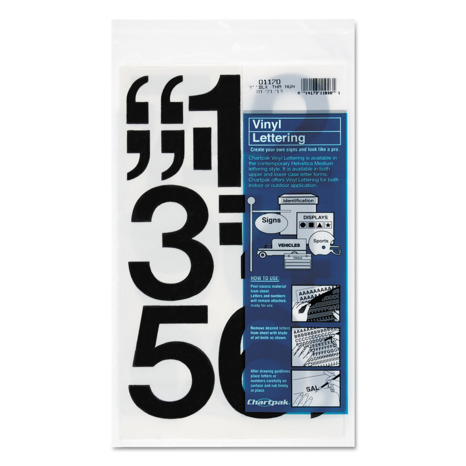 Press-On Vinyl Numbers, Self Adhesive, Black, 3"h, 10/Pack -