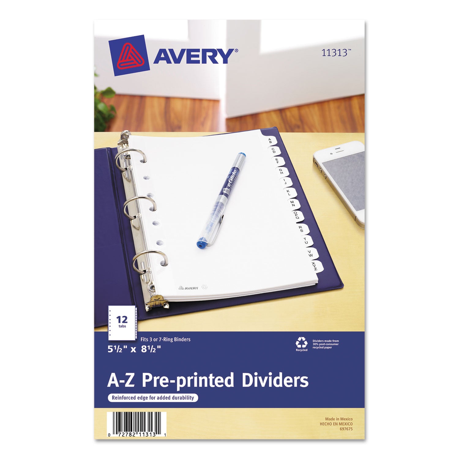Preprinted Tab Dividers, 12-Tab, A to Z, 8.5 x 5.5, White, 1 Set -