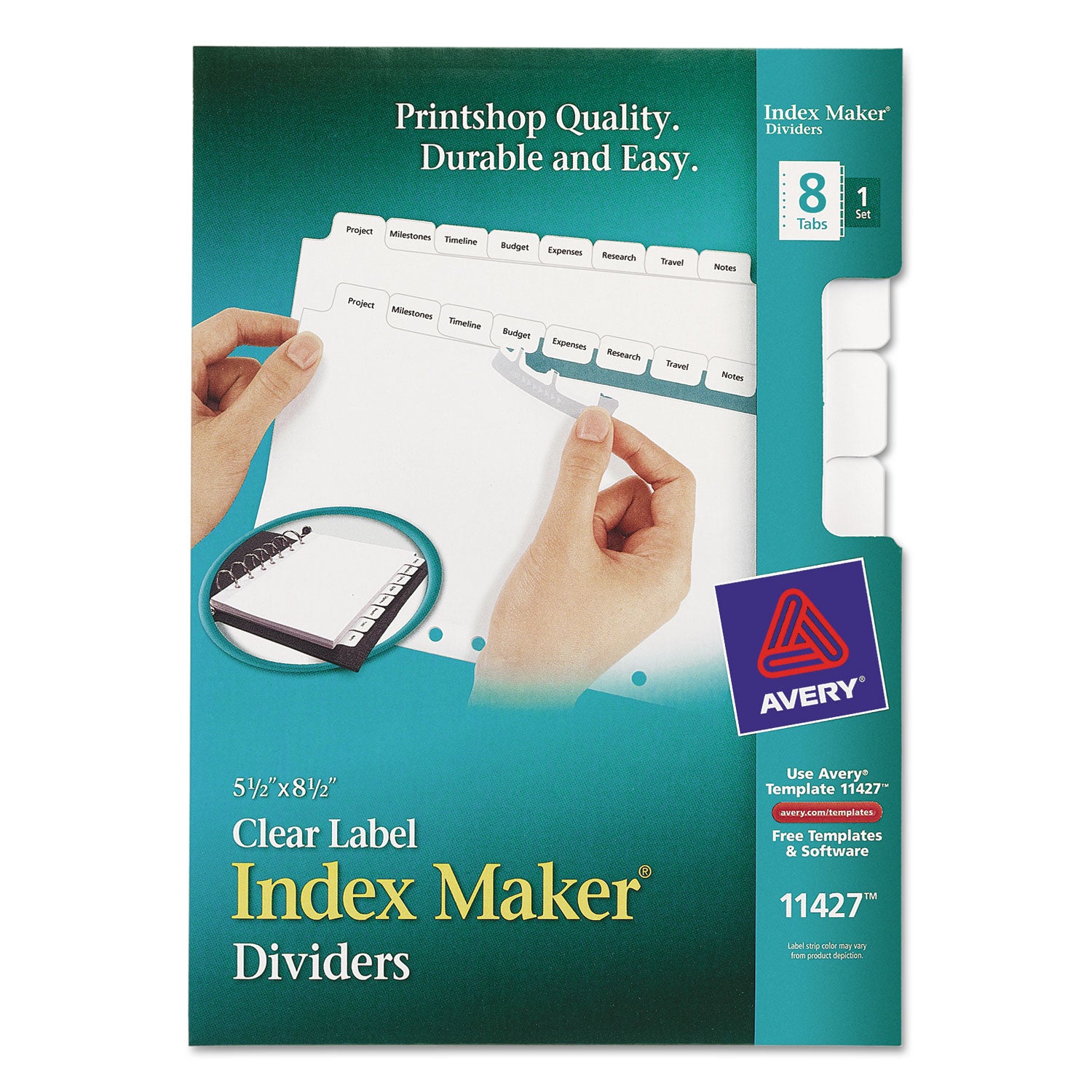 Print and Apply Index Maker Clear Label Dividers with Label Strip/White Tabs, 7-Hole Punched, 8-Tab, 8.5 x 5.5, White, 1 Set -