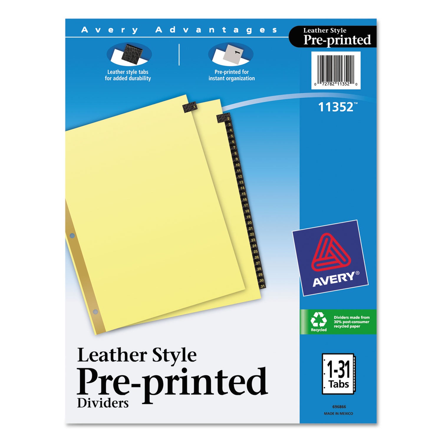 Preprinted Black Leather Tab Dividers w/Gold Reinforced Edge, 31-Tab, 1 to 31, 11 x 8.5, Buff, 1 Set -