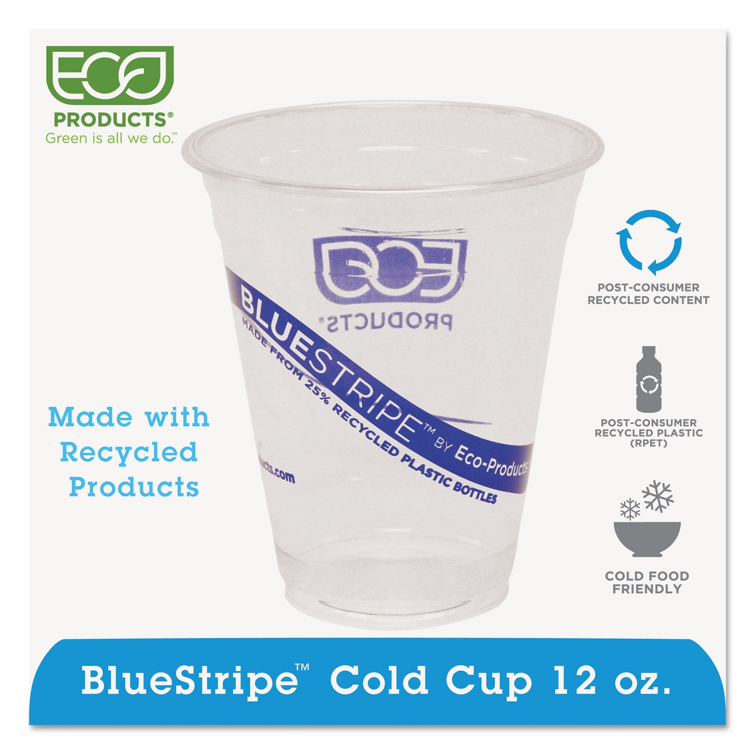 BlueStripe 25% Recycled Content Cold Cups, 12 oz, Clear/Blue, 50/Pack, 20 Packs/Carton -