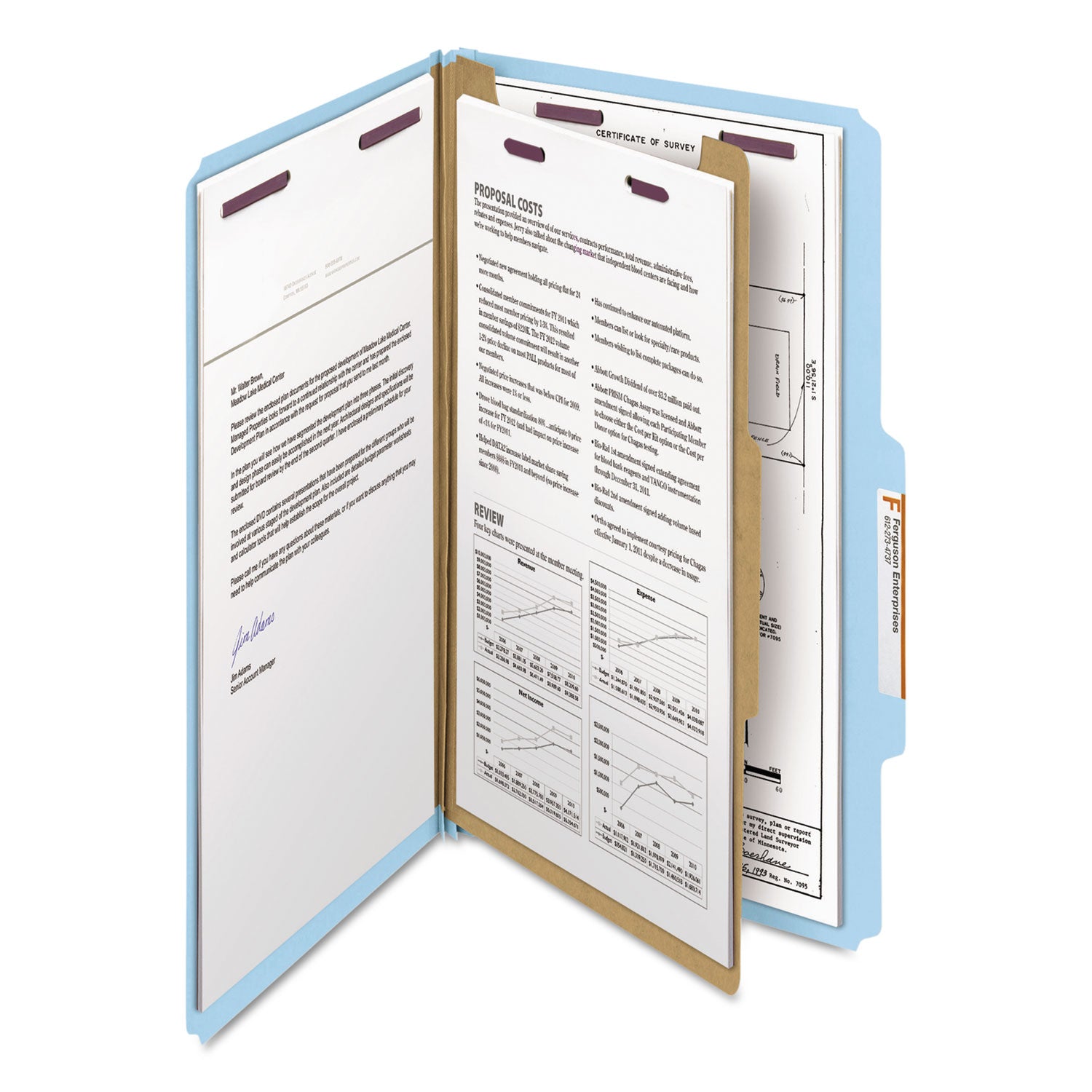 Four-Section Pressboard Top Tab Classification Folders, Four SafeSHIELD Fasteners, 1 Divider, Legal Size, Blue, 10/Box -