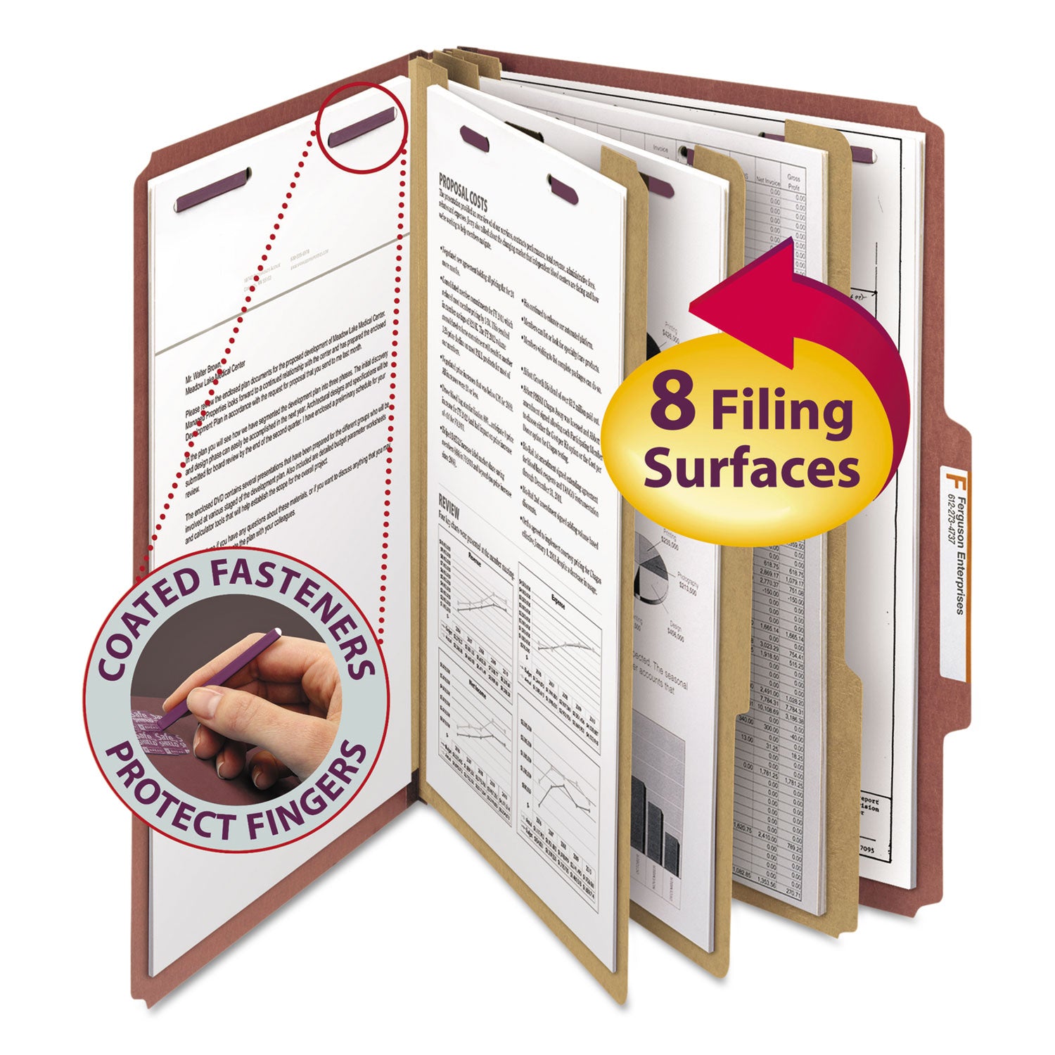 Pressboard Classification Folders, Eight SafeSHIELD Fasteners, 2/5-Cut Tabs, 3 Dividers, Legal Size, Red, 10/Box -