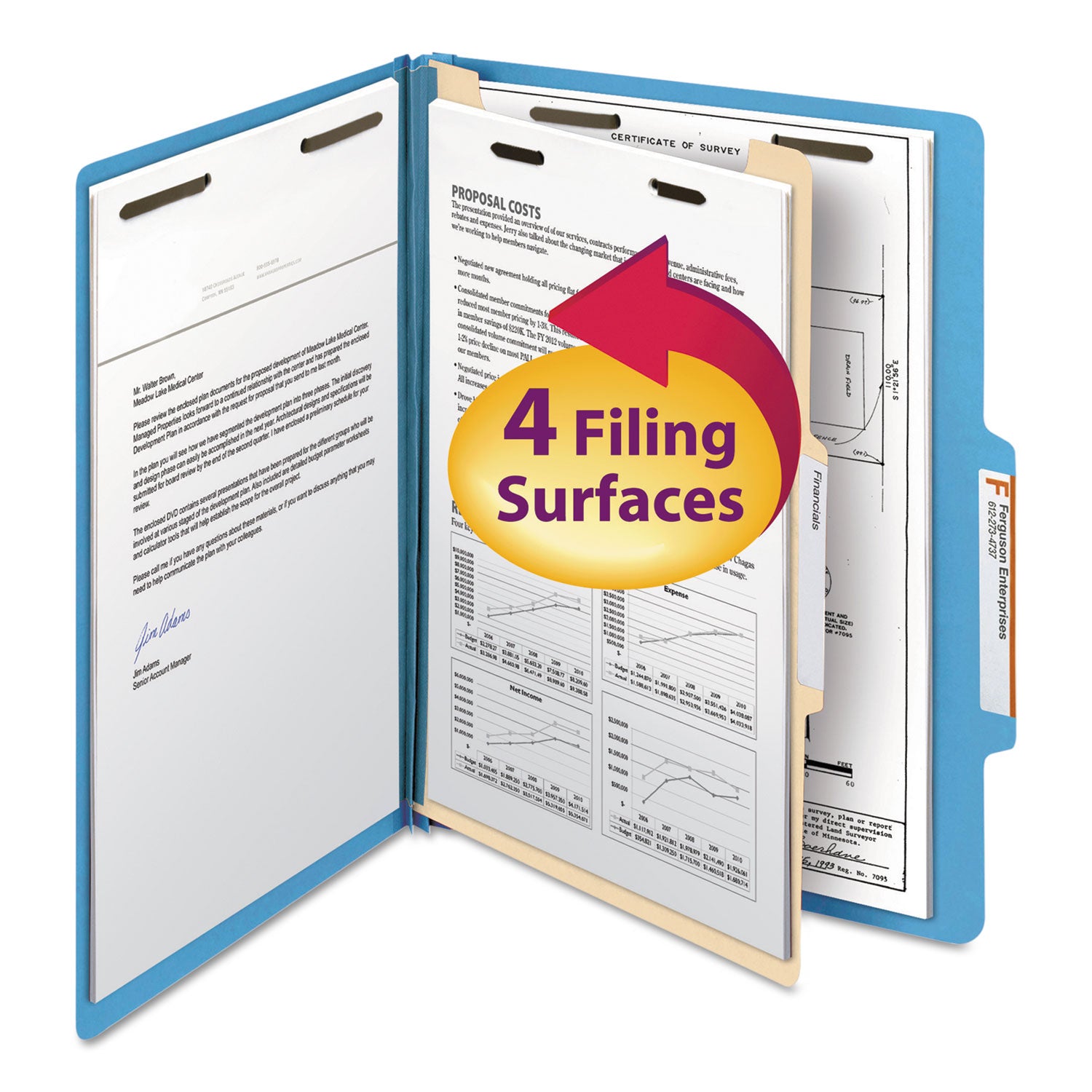 Top Tab Classification Folders, Four SafeSHIELD Fasteners, 2" Expansion, 1 Divider, Letter Size, Blue Exterior, 10/Box -