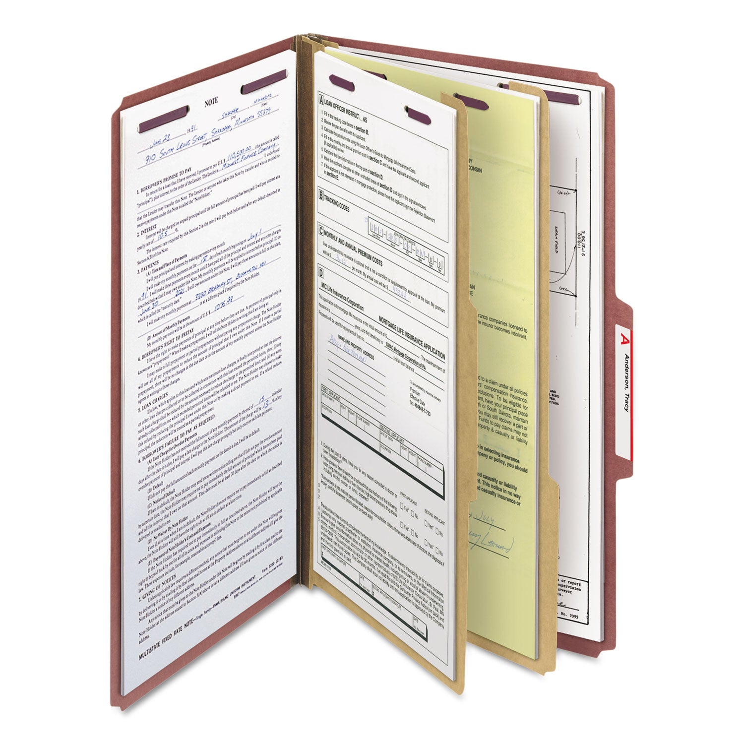 Pressboard Classification Folders, Six SafeSHIELD Fasteners, 2/5-Cut Tabs, 2 Dividers, Legal Size, Red, 10/Box -