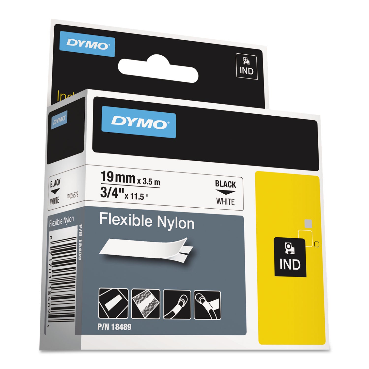 Rhino Flexible Nylon Industrial Label Tape, 0.75" x 11.5 ft, White/Black Print -