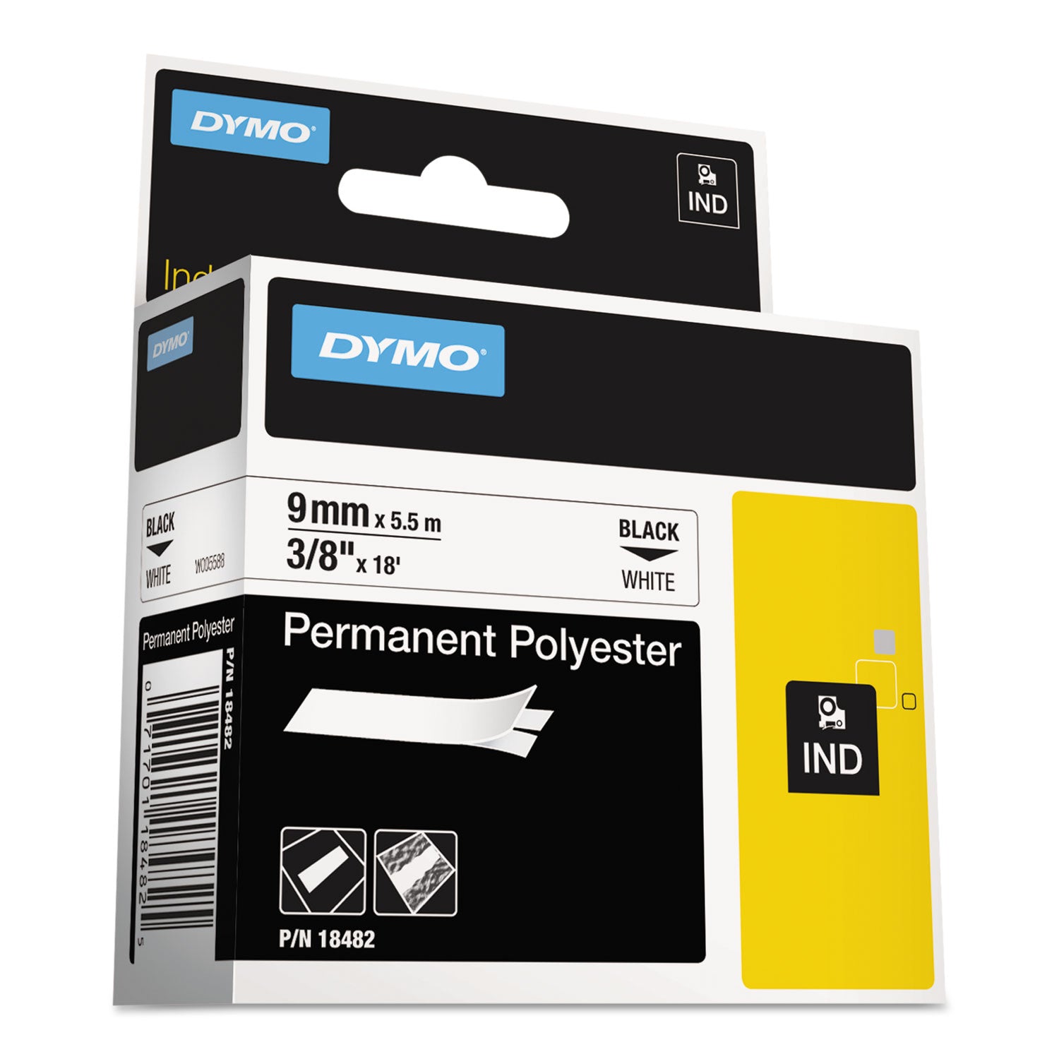Rhino Permanent Poly Industrial Label Tape, 0.37" x 18 ft, White/Black Print -
