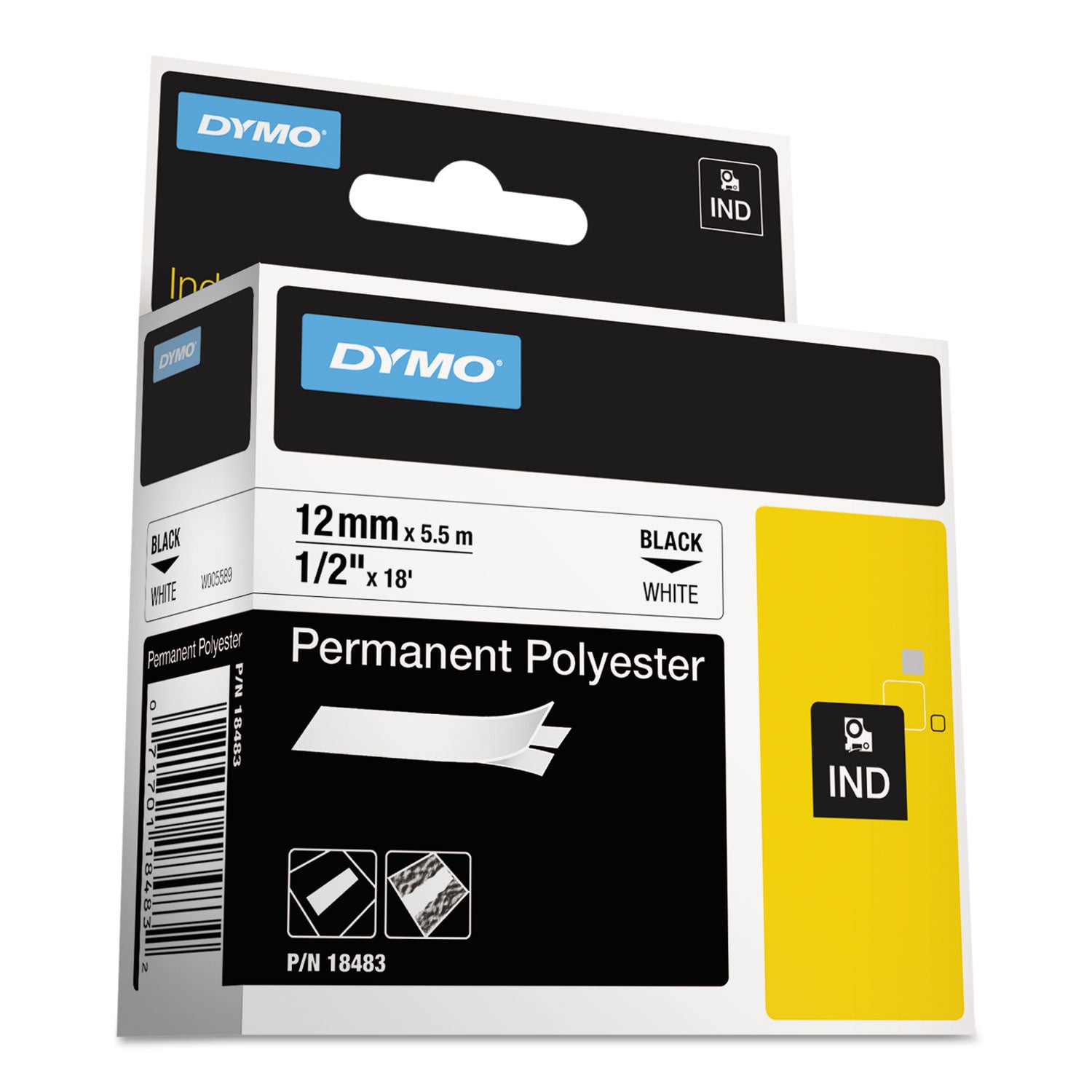 Dymo Rhino Permanent Poly Labels - 1/2" Width - Permanent Adhesive - Thermal Transfer - White, Black - Polyester - 1 Each - Easy Peel - 1