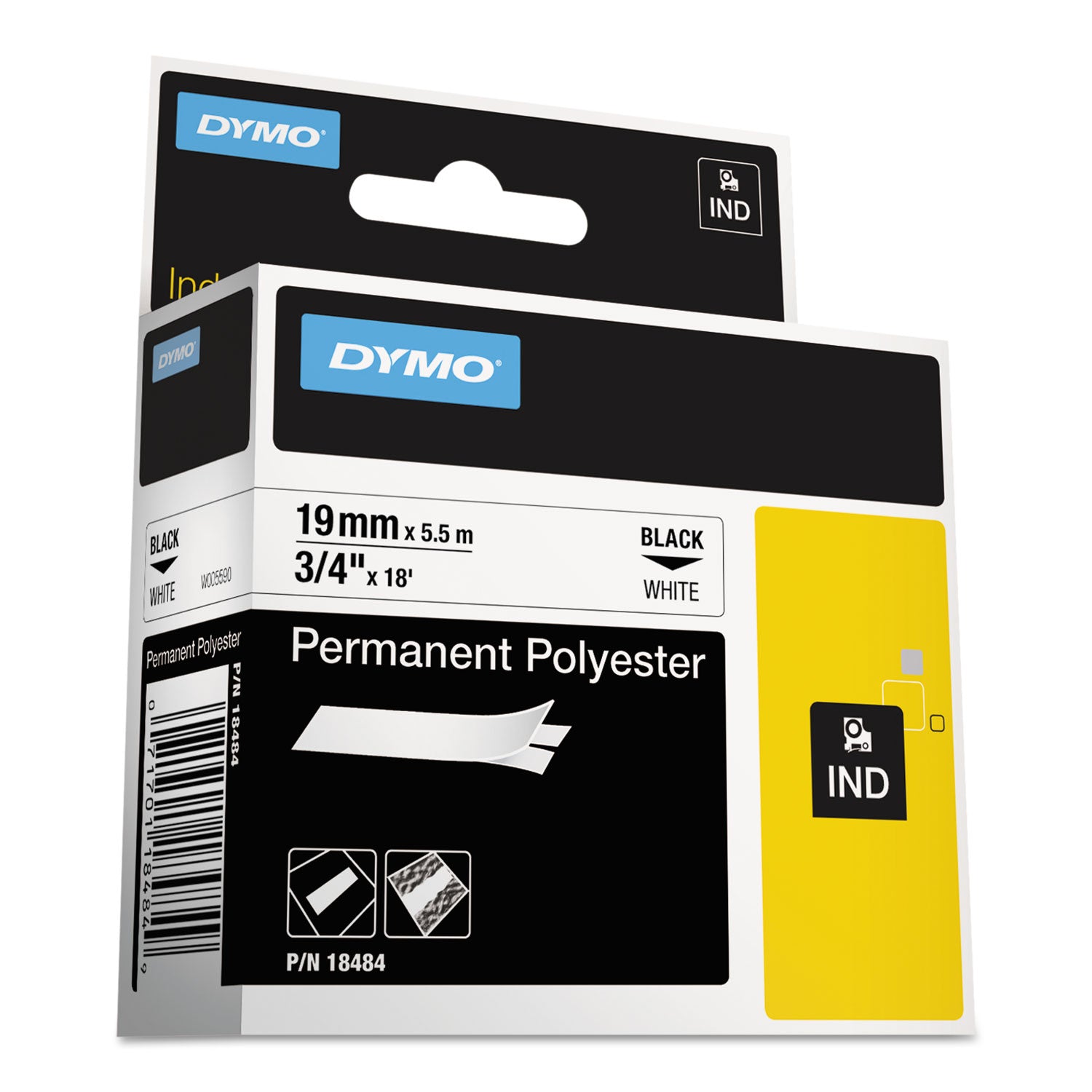 Rhino Permanent Poly Industrial Label Tape, 0.75" x 18 ft, White/Black Print -