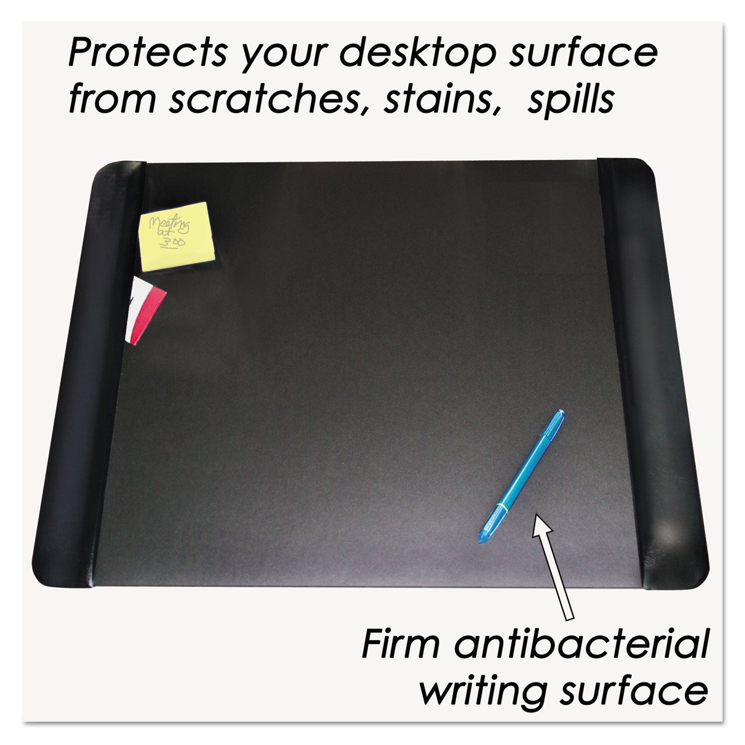 Executive Desk Pad with Antimicrobial Protection, Leather-Like Side Panels, 24 x 19, Black -
