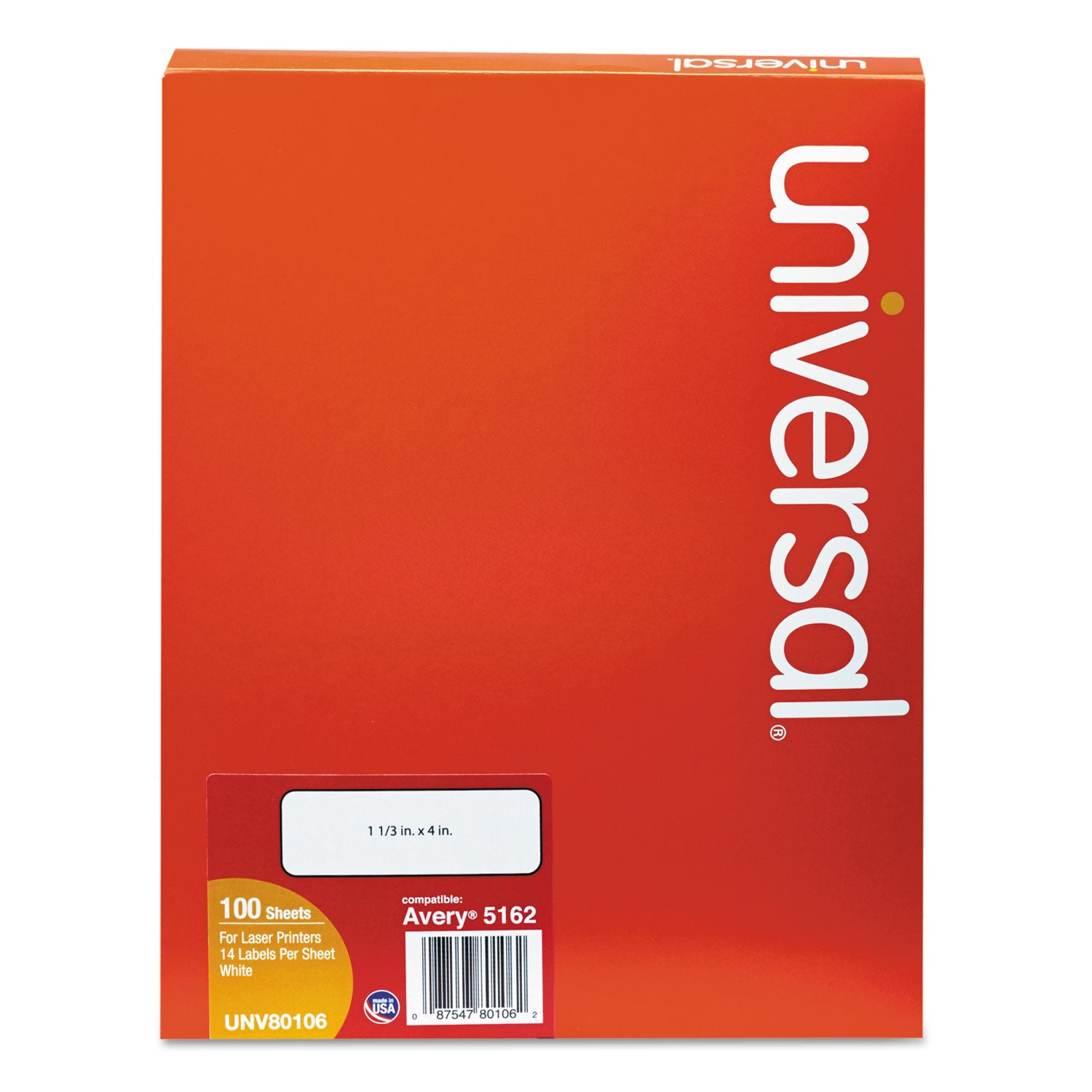 White Labels, Inkjet/Laser Printers, 1.33 x 4, White, 14/Sheet, 100 Sheets/Box -