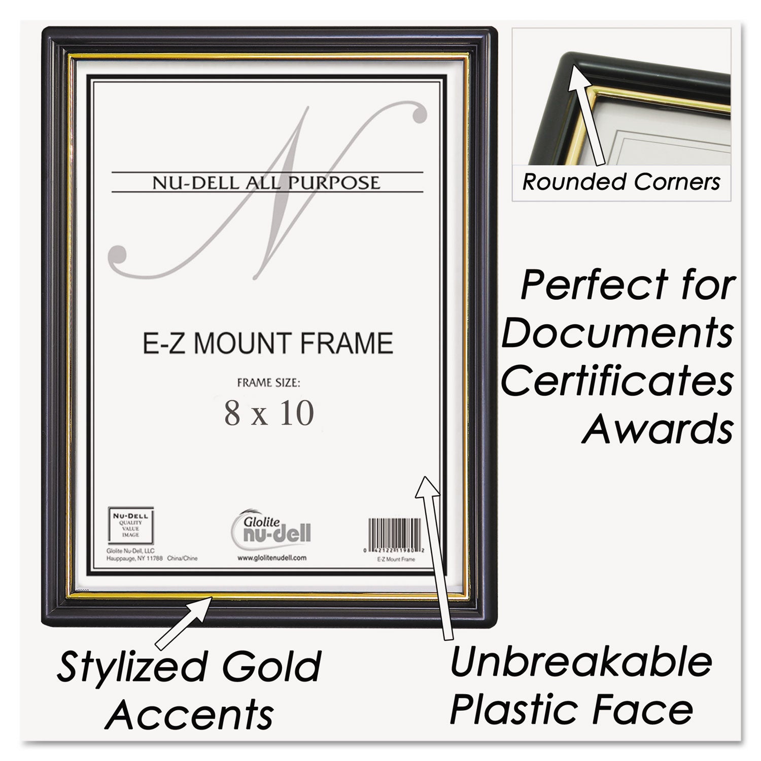 EZ Mount Document Frame with Trim Accent and Plastic Face, Plastic, 8 x 10, Black/Gold -
