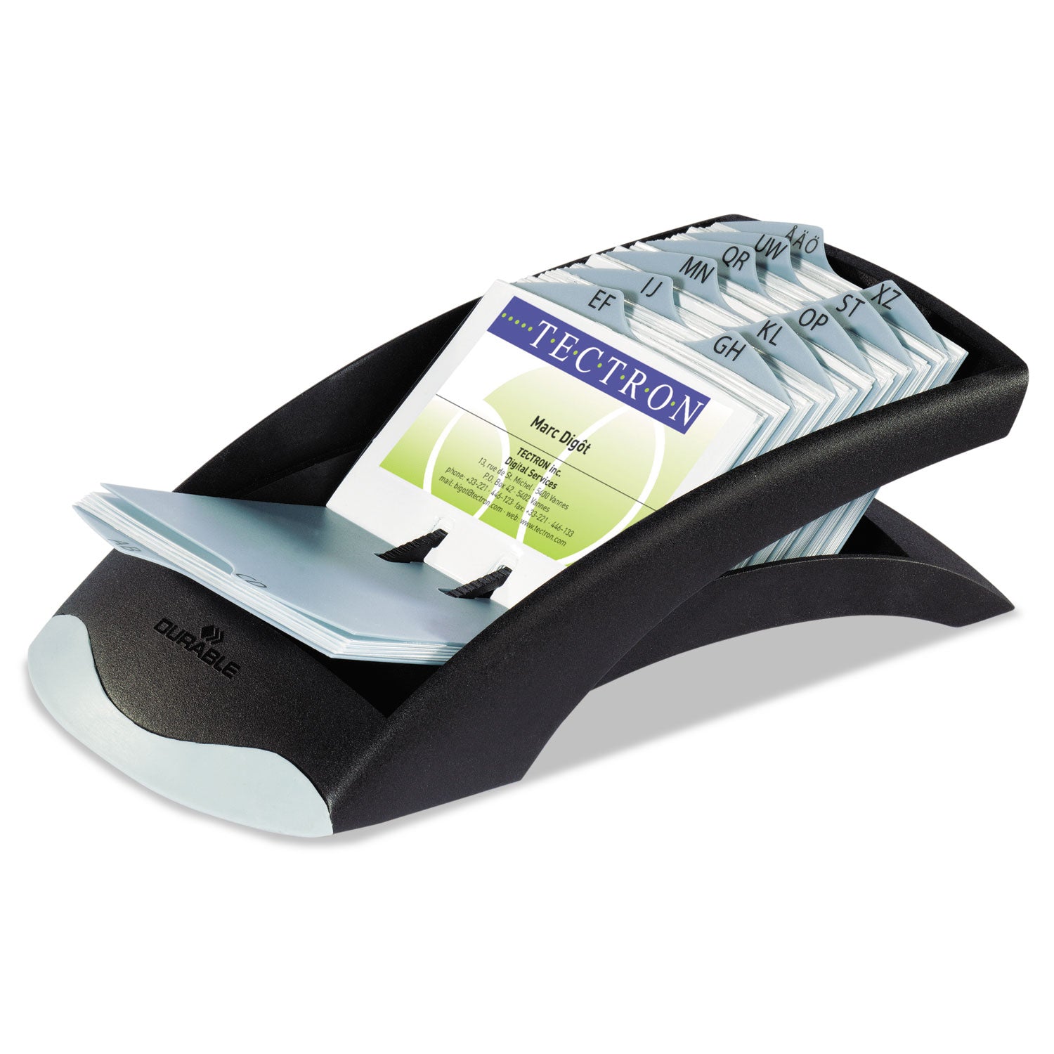 VISIFIX Desk Business Card File, Holds 200 2.88 x 4.13 Cards, 5 x 9.31 x 3.56, Plastic, Graphite/Black -
