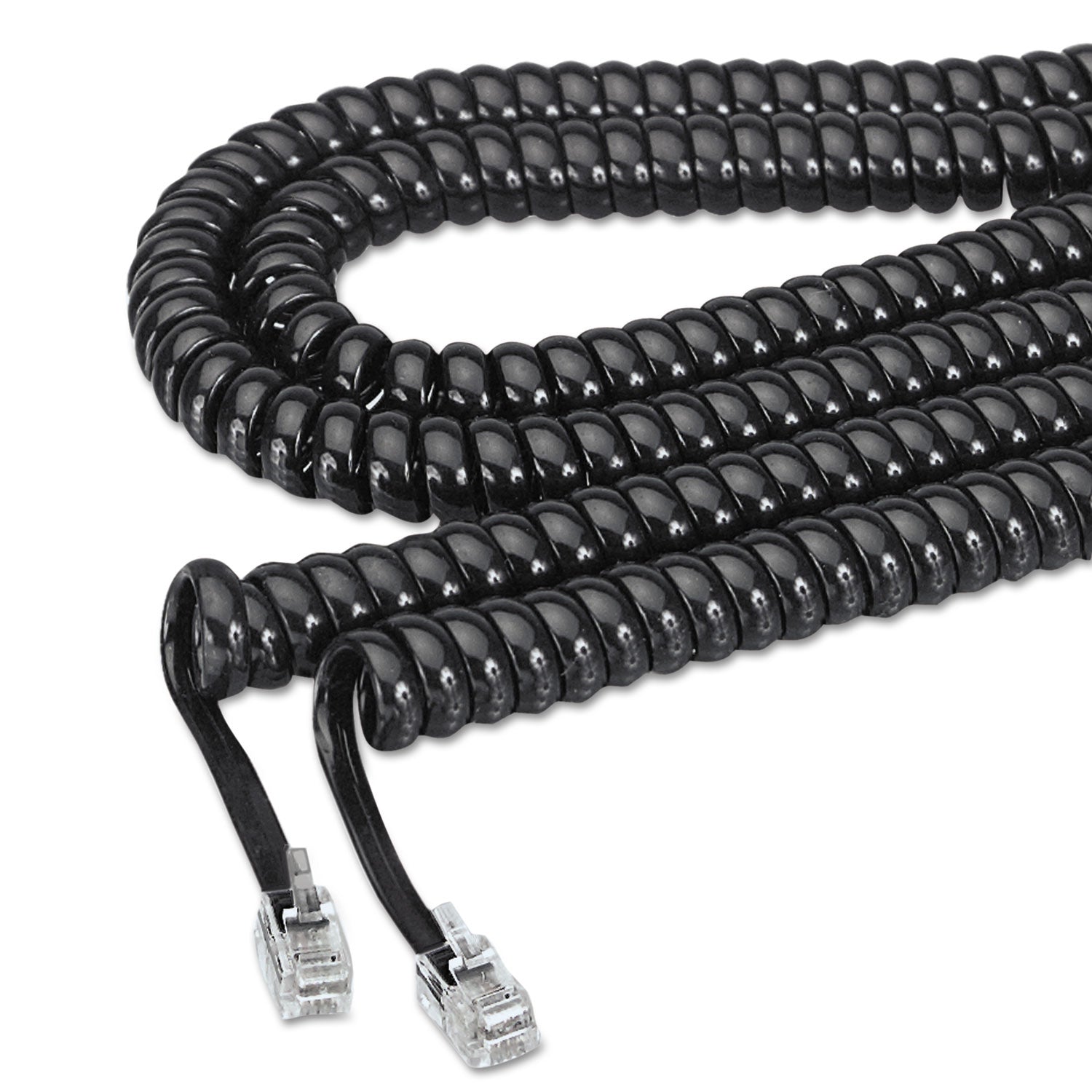 Coiled Phone Cord, Plug/Plug, 12 ft, Black -