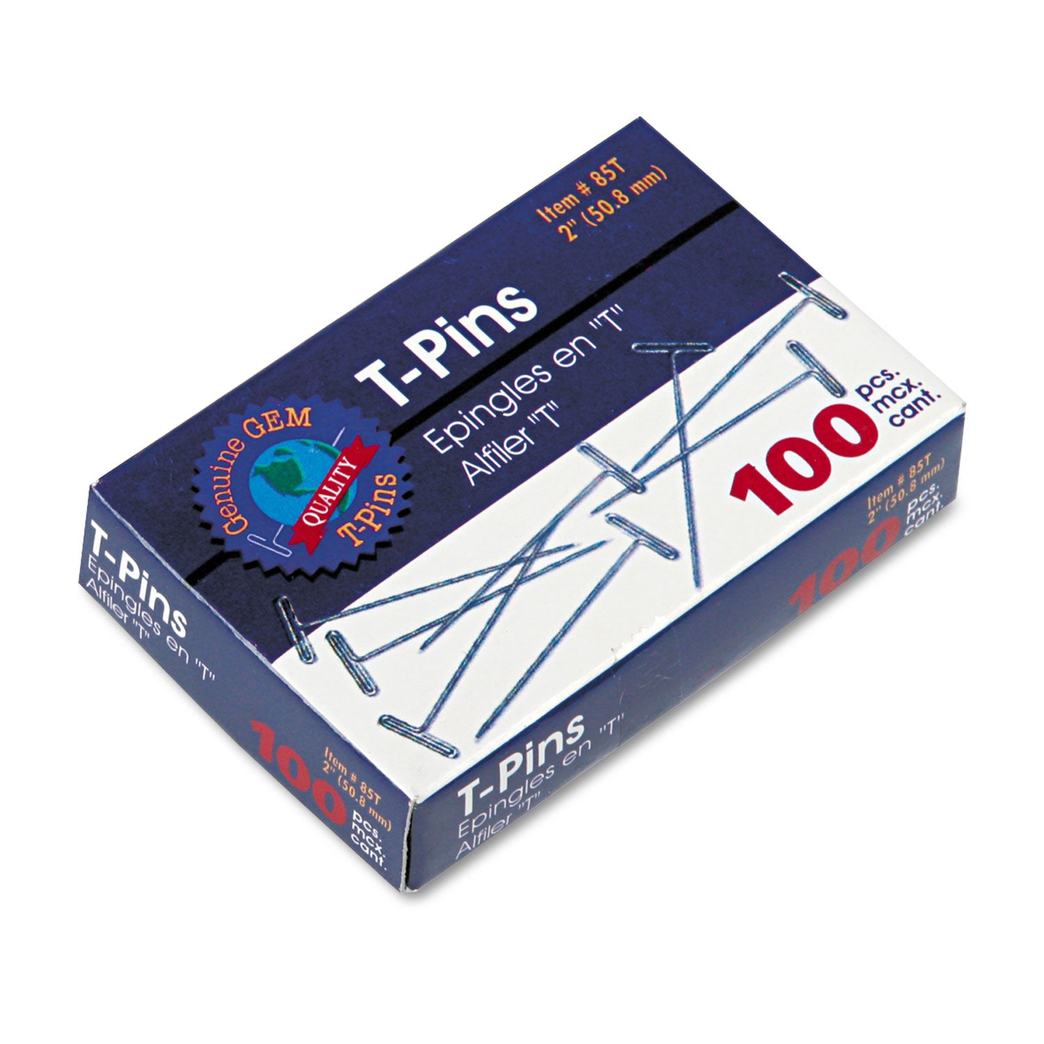 T-Pins, Steel, Silver, 2", 100/Box -