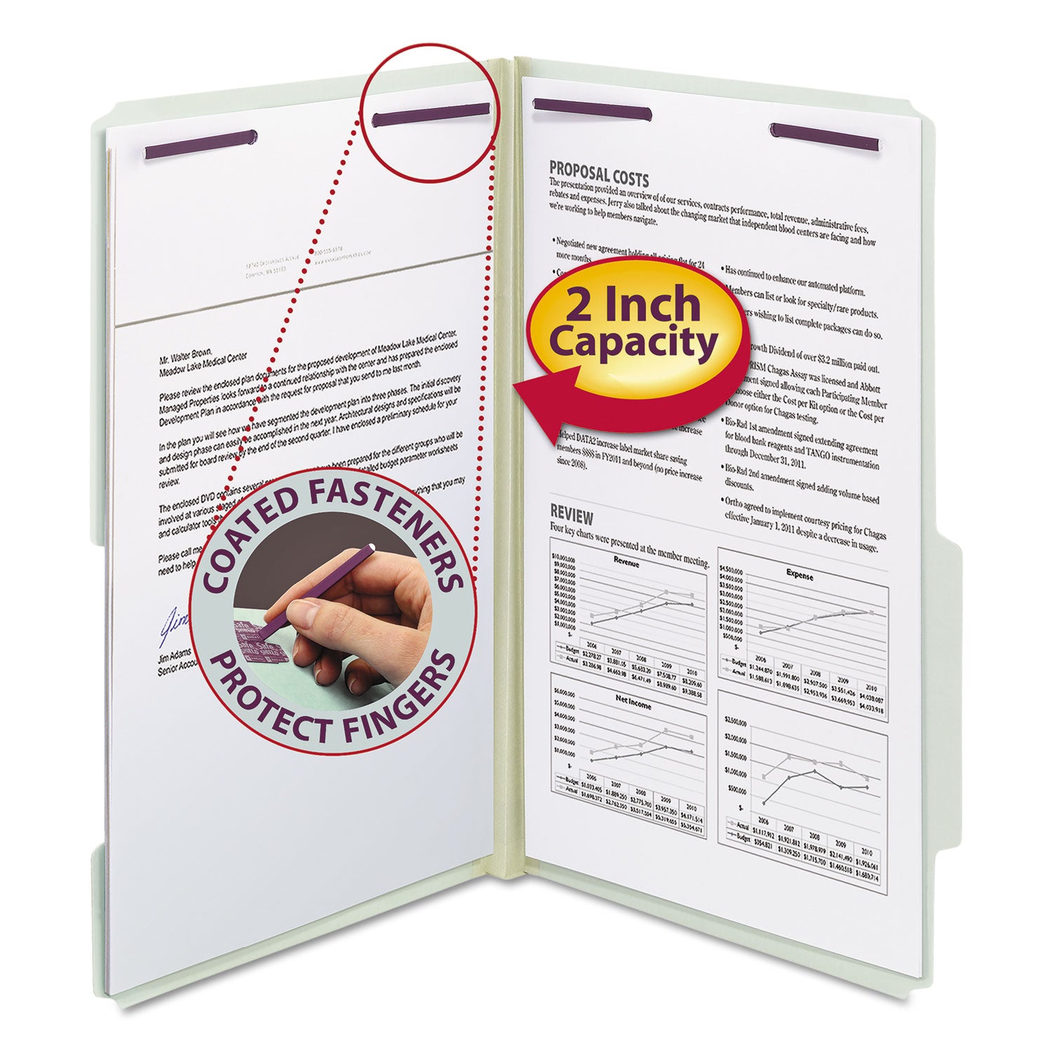 Recycled Pressboard Folders, Two SafeSHIELD Coated Fasteners, 2/5-Cut: R of C, 2" Expansion, Legal Size, Gray-Green, 25/Box -
