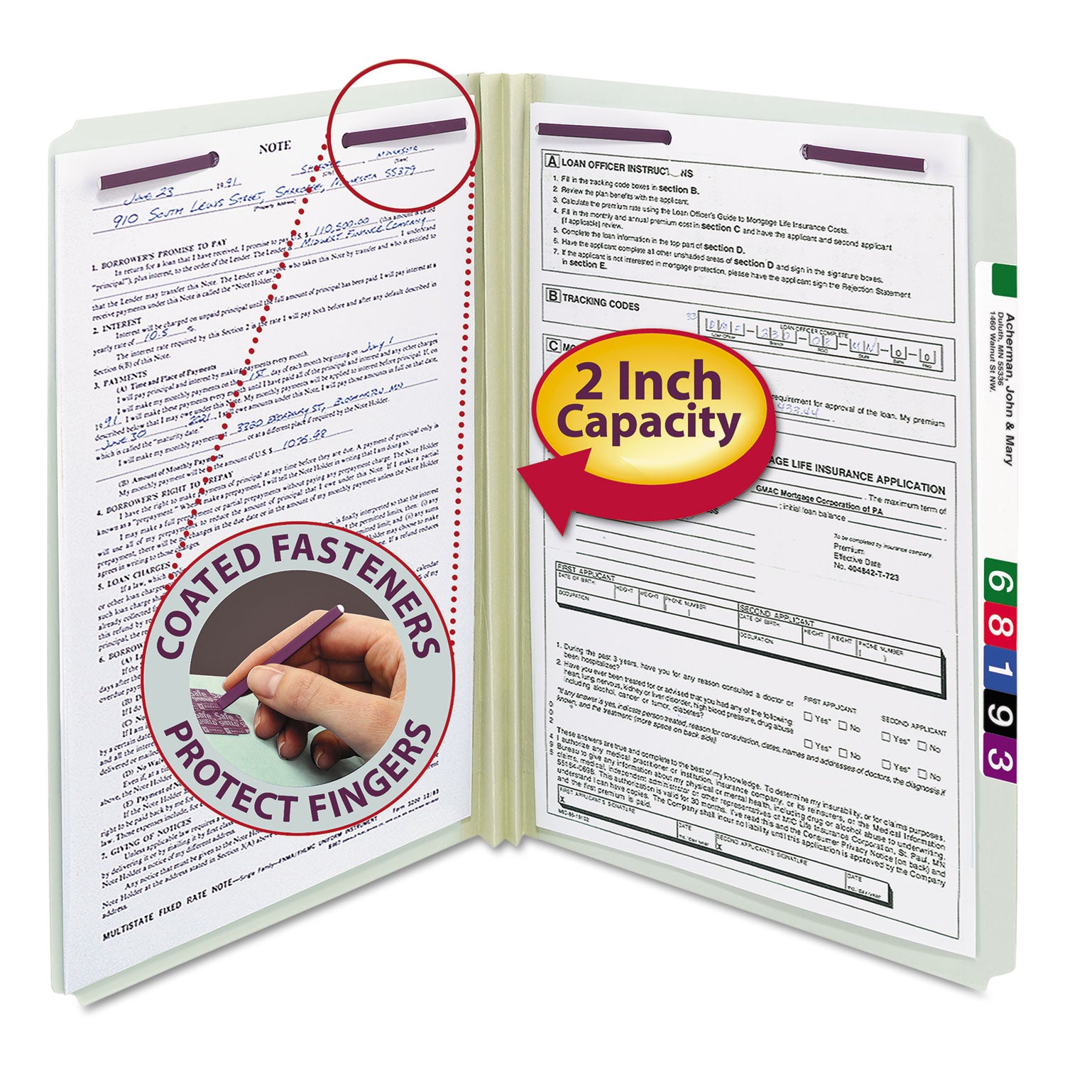 Recycled Pressboard Fastener Folders, Straight Tabs, Two SafeSHIELD Fasteners, 2" Expansion, Legal Size, Gray-Green, 25/Box -